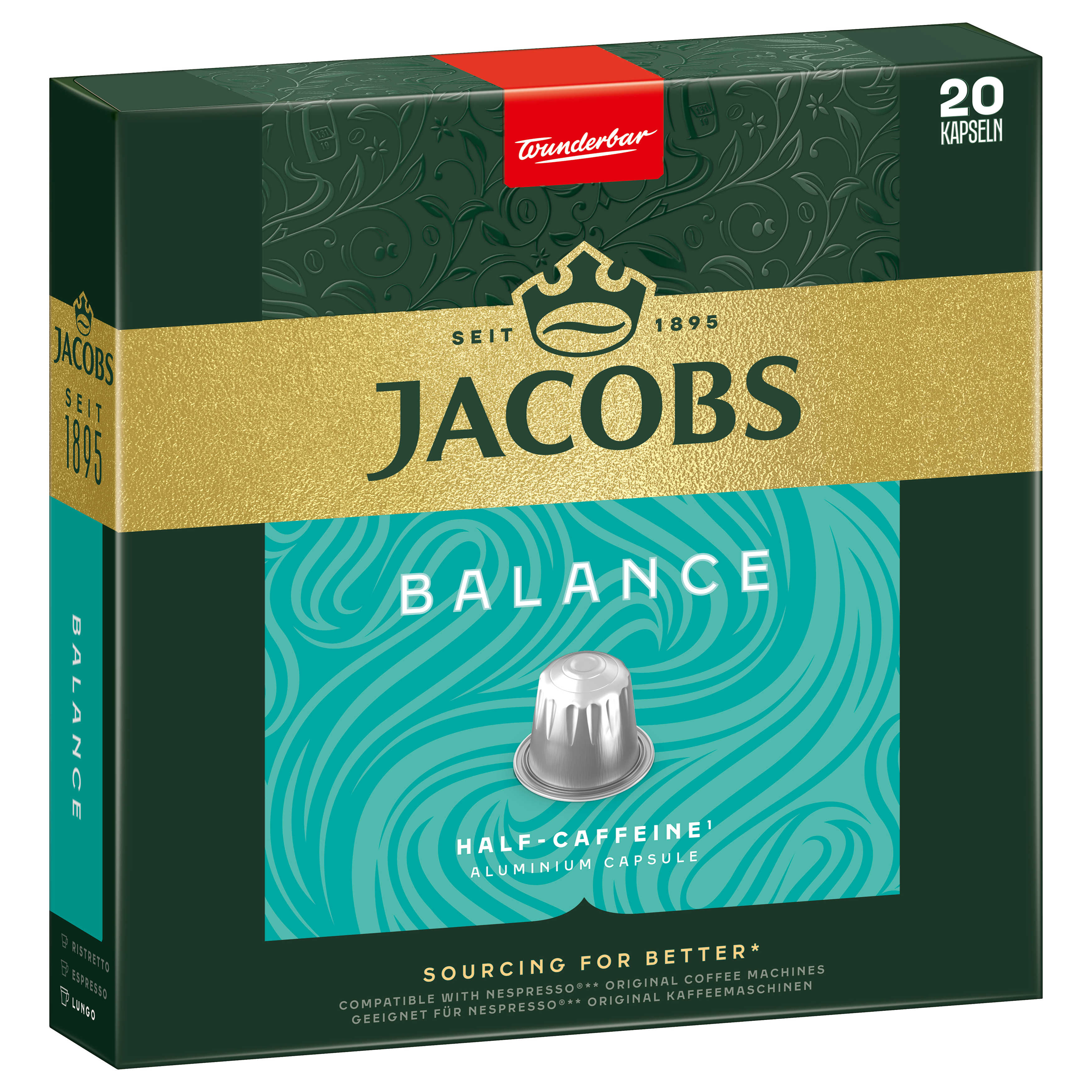 Jacobs Balance Kaffeekapseln-Box. Dunkelgrün, goldener Text und türkisfarbener Akzent. Weißer Hintergrund.