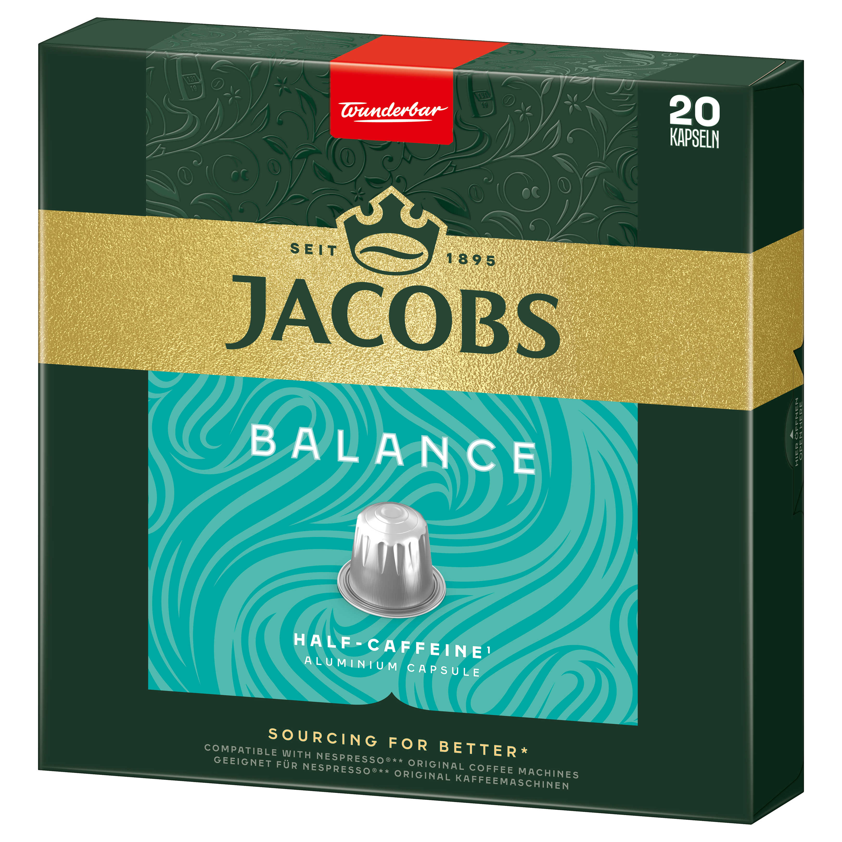 Schachtel mit Jacobs-Kaffeekapseln. Grün-Gold-Design, mit Kapselbild und Text 'Balance'.