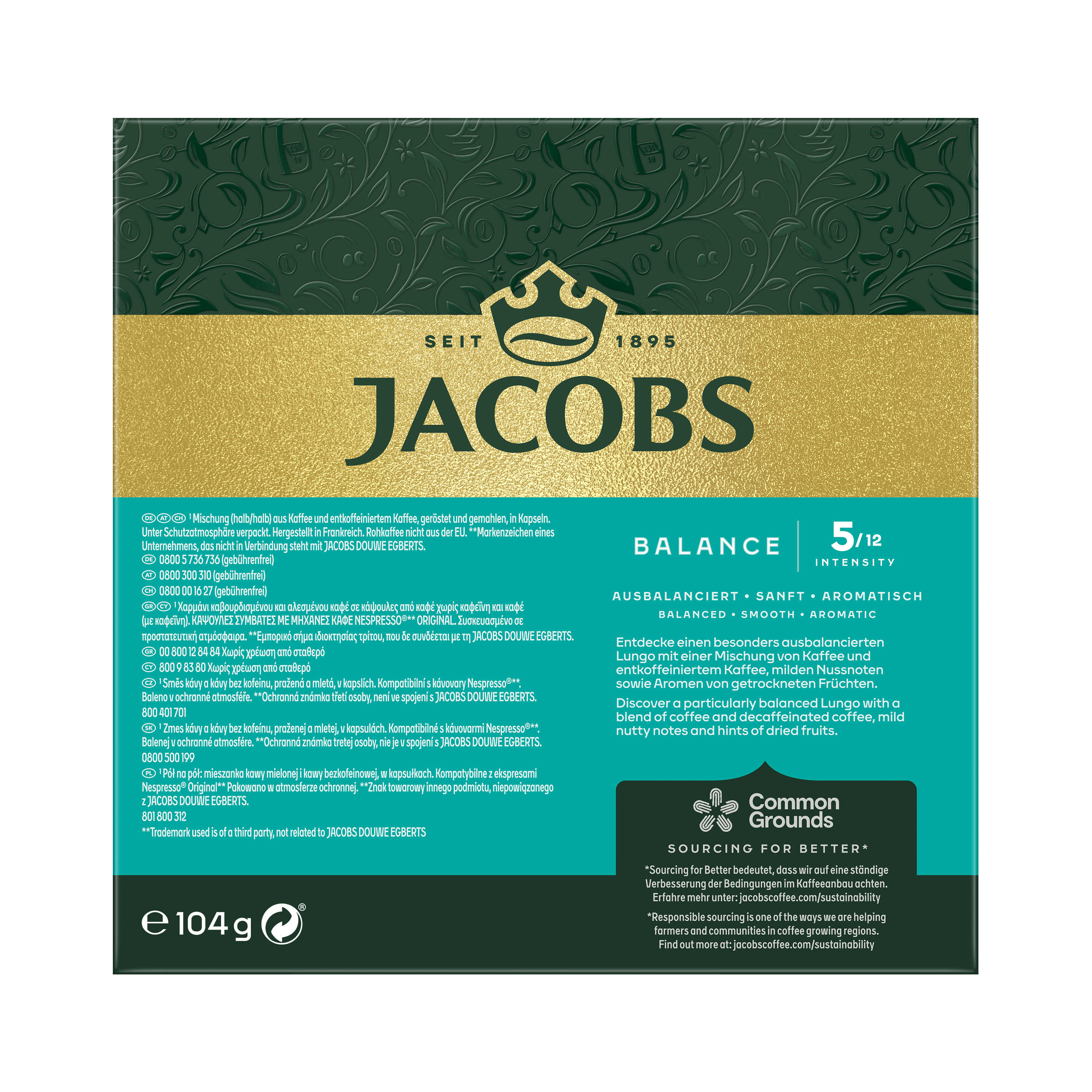 Jacobs Kaffeepackung. Text und Grafiken auf braunem und goldenem Hintergrund.