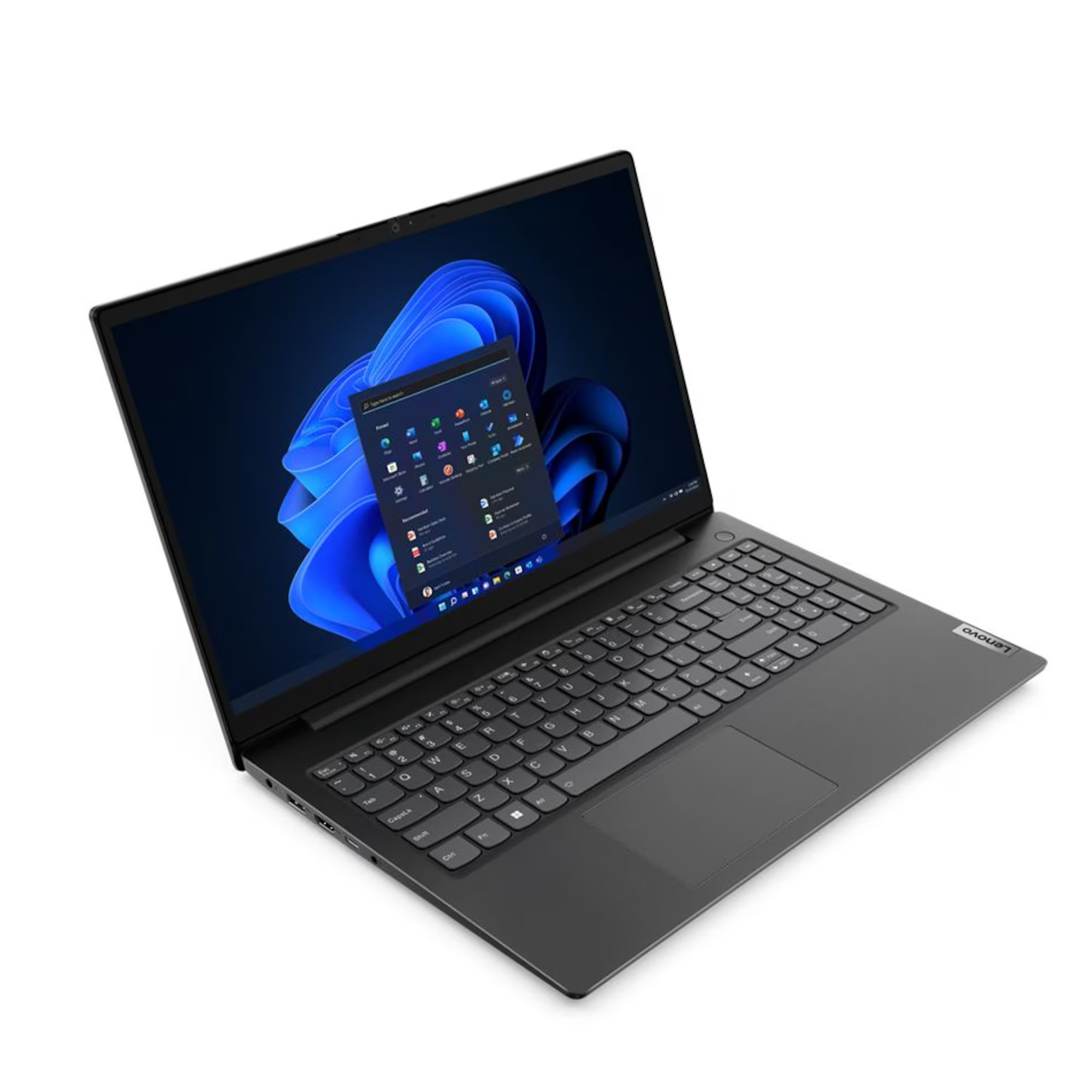 Laptop mit Windows 11. Graues Gehäuse, schwarze Tastatur, weißer Hintergrund.