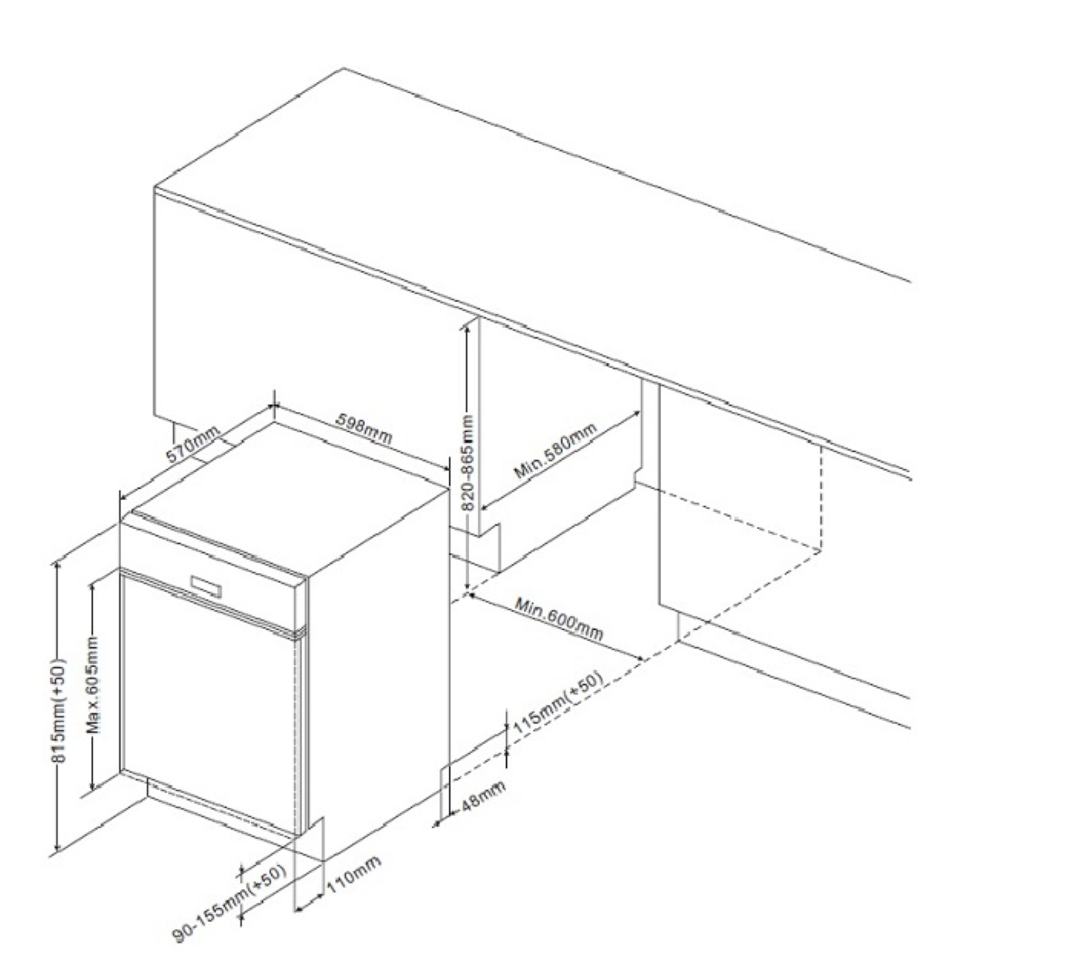 Diagramm eines Geschirrspülers mit Abmessungen. Weißer Hintergrund und schwarze Linien.
