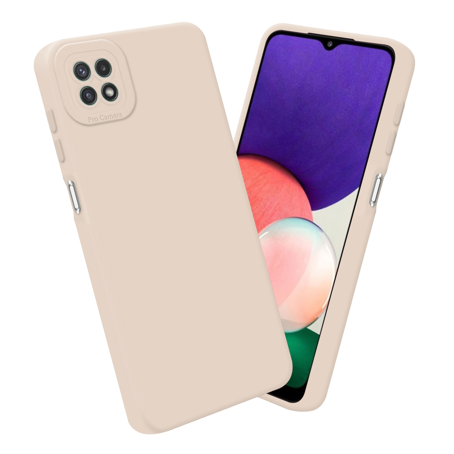 Un étui de téléphone beige et un smartphone avec écran. L'étui a une découpe pour la caméra.