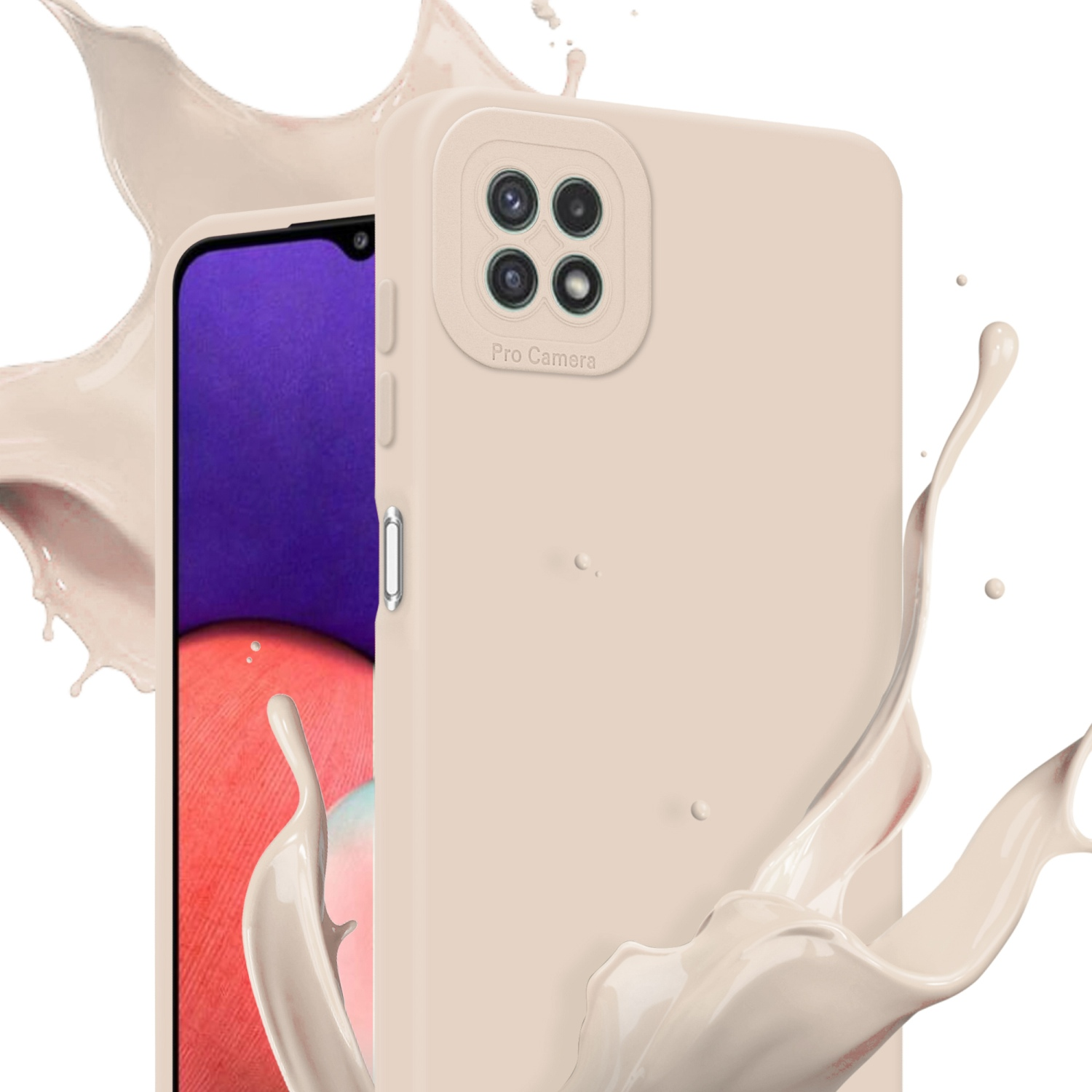 Un étui de téléphone beige avec un téléphone à l'intérieur. Une éclaboussure de liquide entoure l'étui.