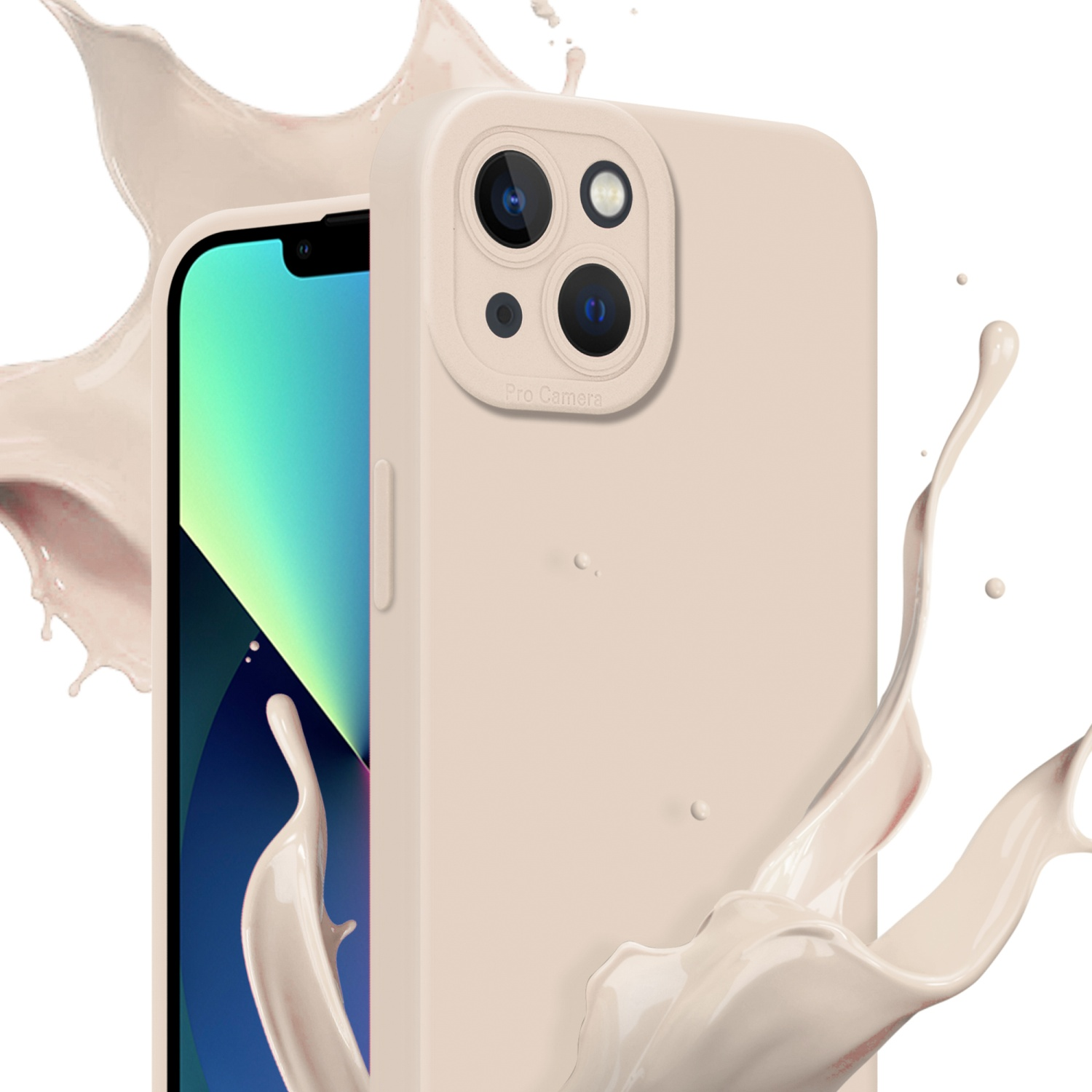 Telefono beige con custodia, spruzzo di liquido, sfondo bianco. Fotocamera Pro visibile.