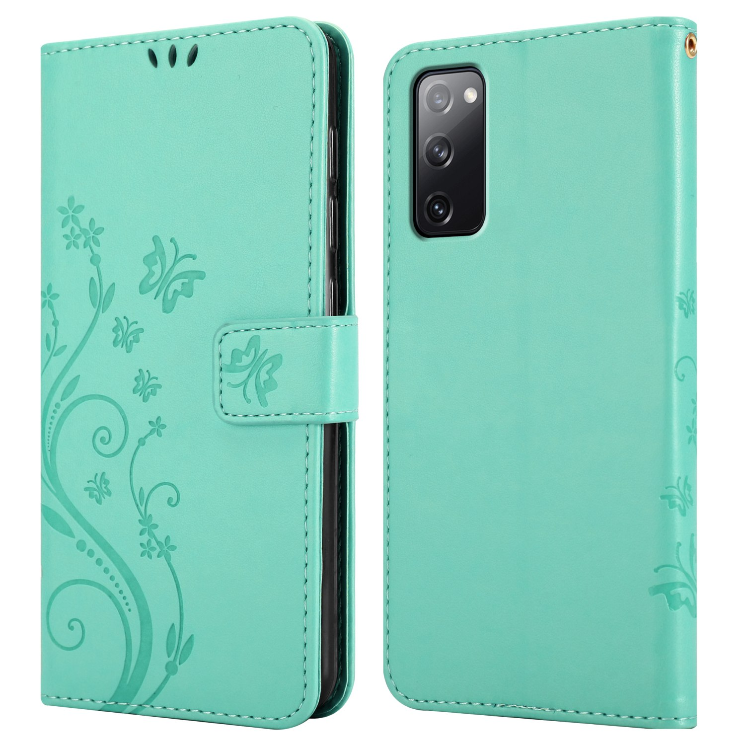 Eine türkisfarbene Handyhülle, geöffnet, um ein Telefon zu zeigen. Sie hat ein florales Design und einen Magnetverschluss.