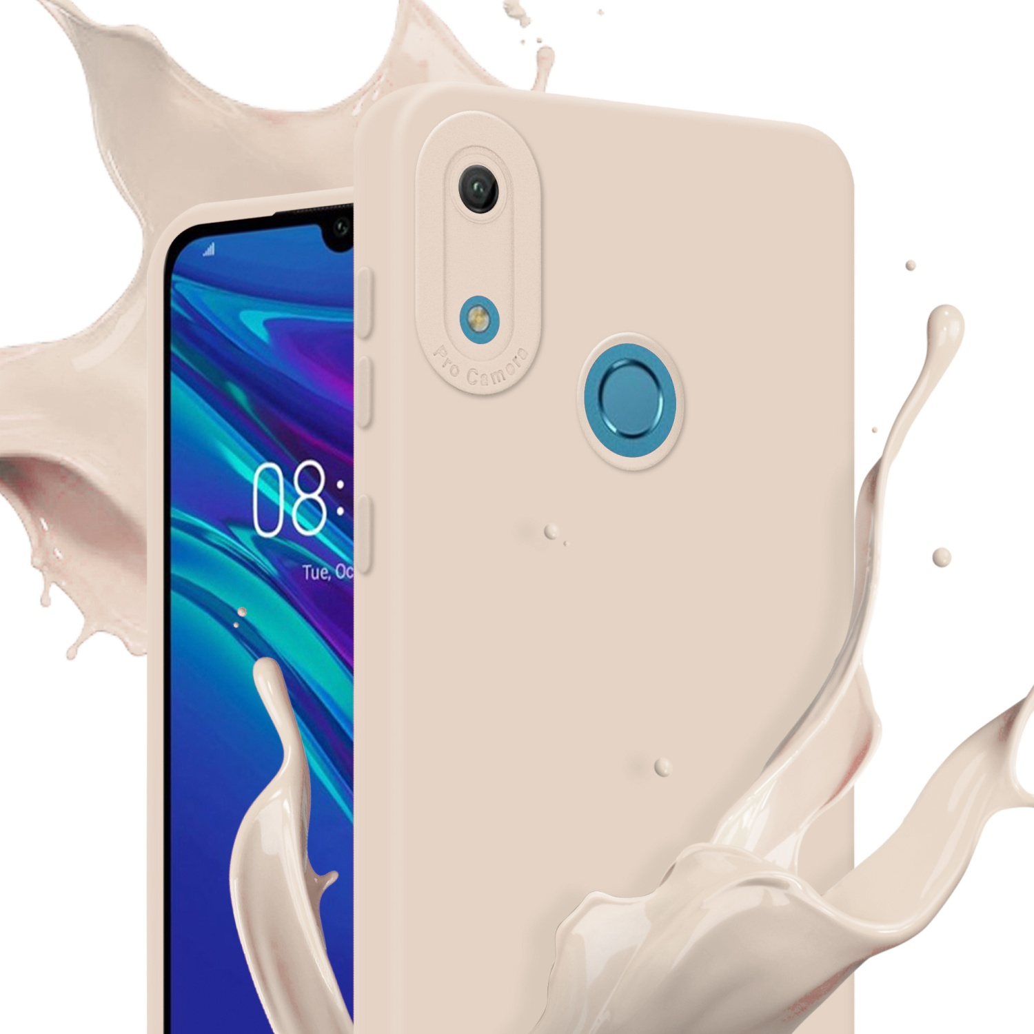 Custodia per telefono con telefono, rosa. Spruzzo di liquido bianco sullo sfondo. Il telefono ha una fotocamera.
