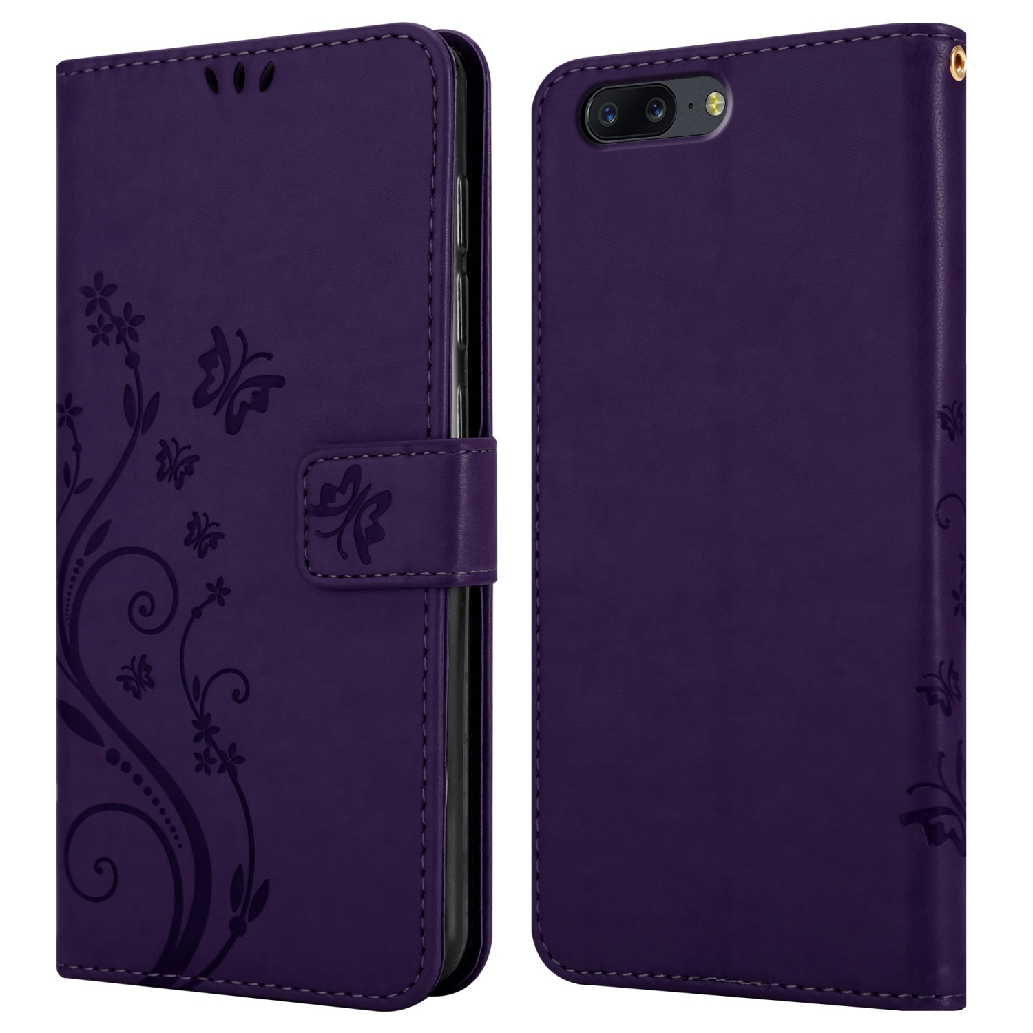 Una custodia per telefono viola con un design floreale e una chiusura magnetica.