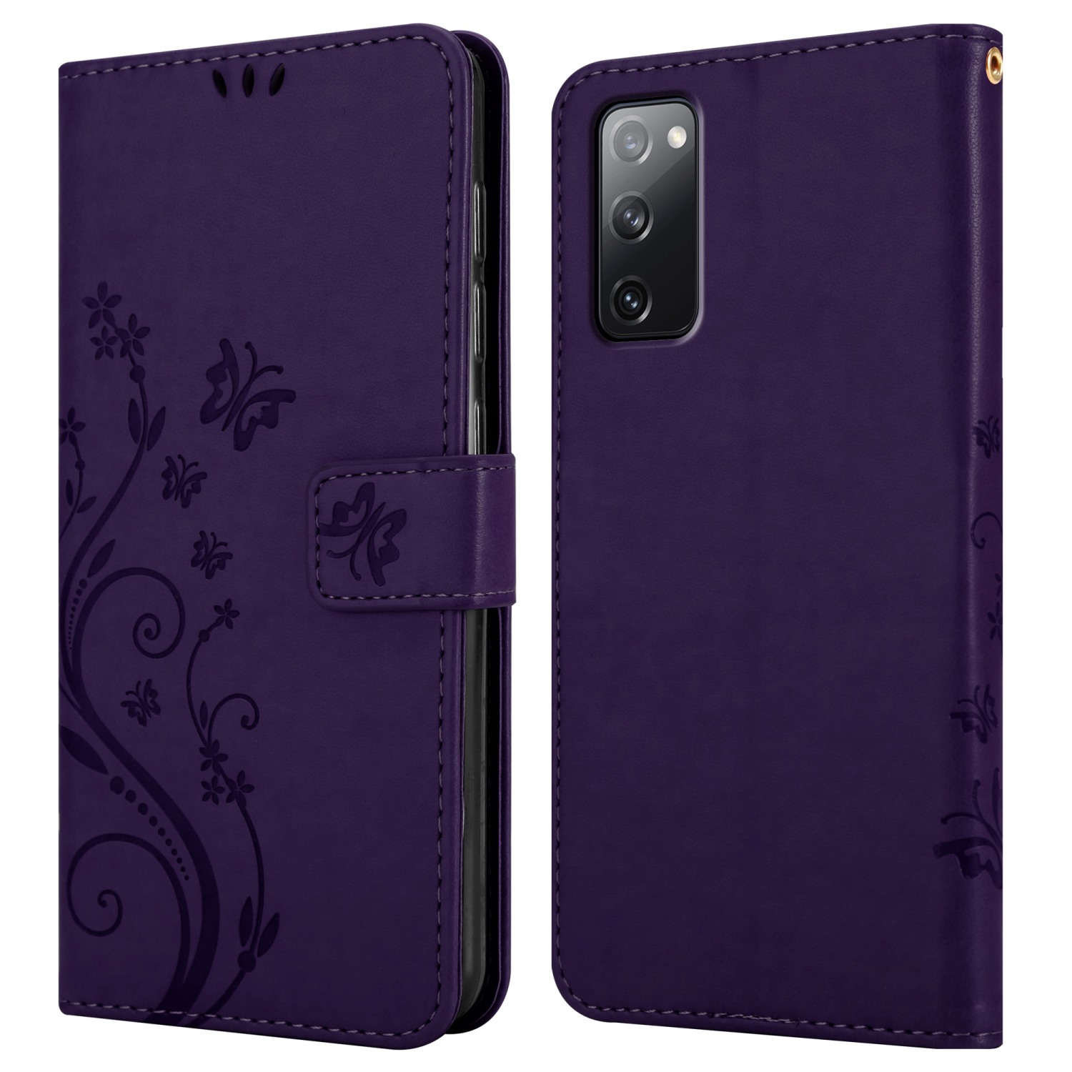 Lila Handyhülle, geschlossen und offen, mit Blumendesign und Telefondetails.