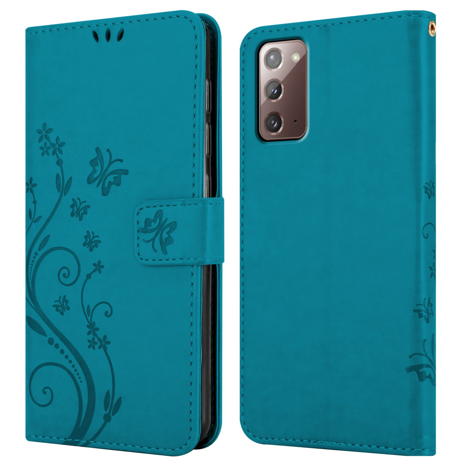 Custodia per telefono turchese, aperta e chiusa, decorata con motivi floreali e farfalle.