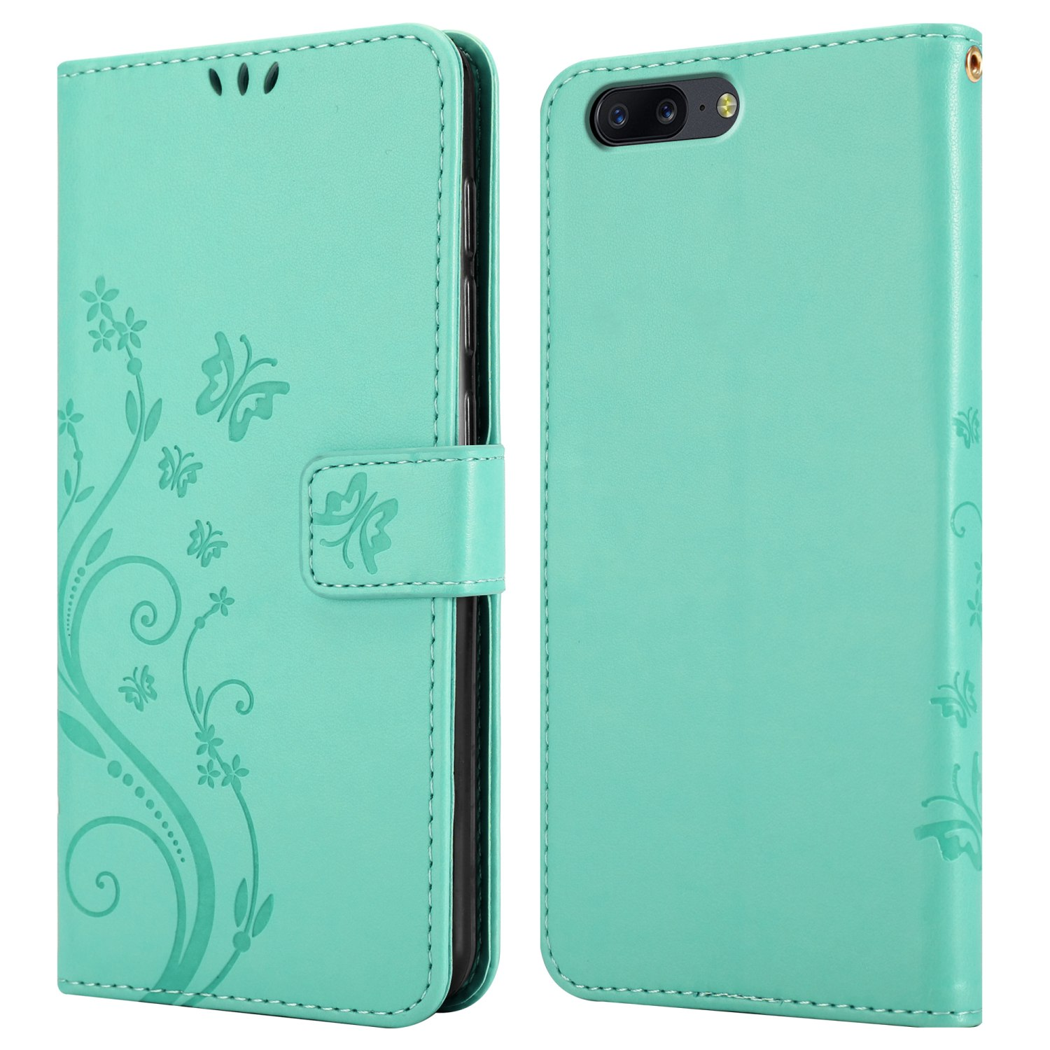 Custodia per telefono in due parti color verde acqua con design a farfalle e fiori, e un foro per la fotocamera.