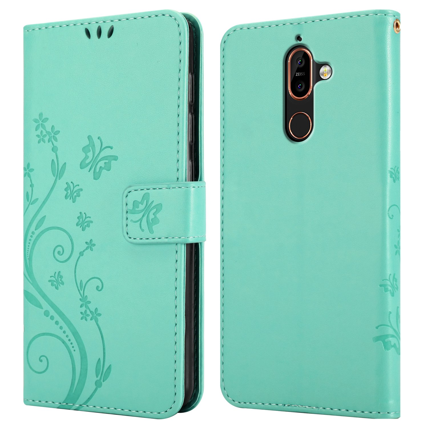 Una custodia turchese per telefono aperta e chiusa, con design floreale e un ritaglio per la fotocamera.