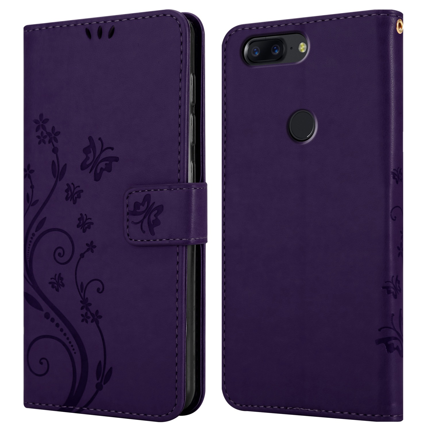 Custodia per telefono viola con disegni di fiori e farfalle. La custodia è aperta, mostrando il telefono e il design interno.