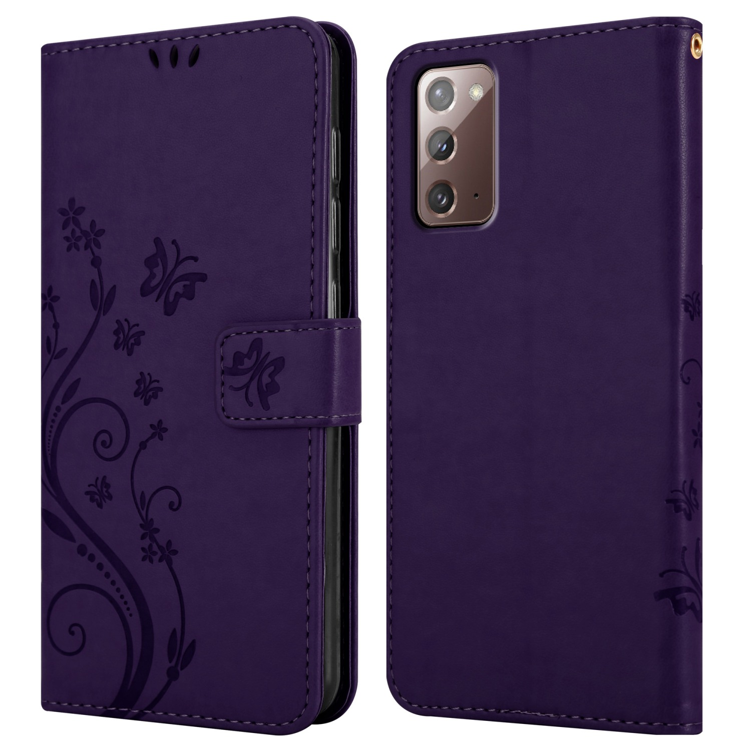Custodia per telefono viola con design floreale, aperta e chiusa. La custodia è in pelle.
