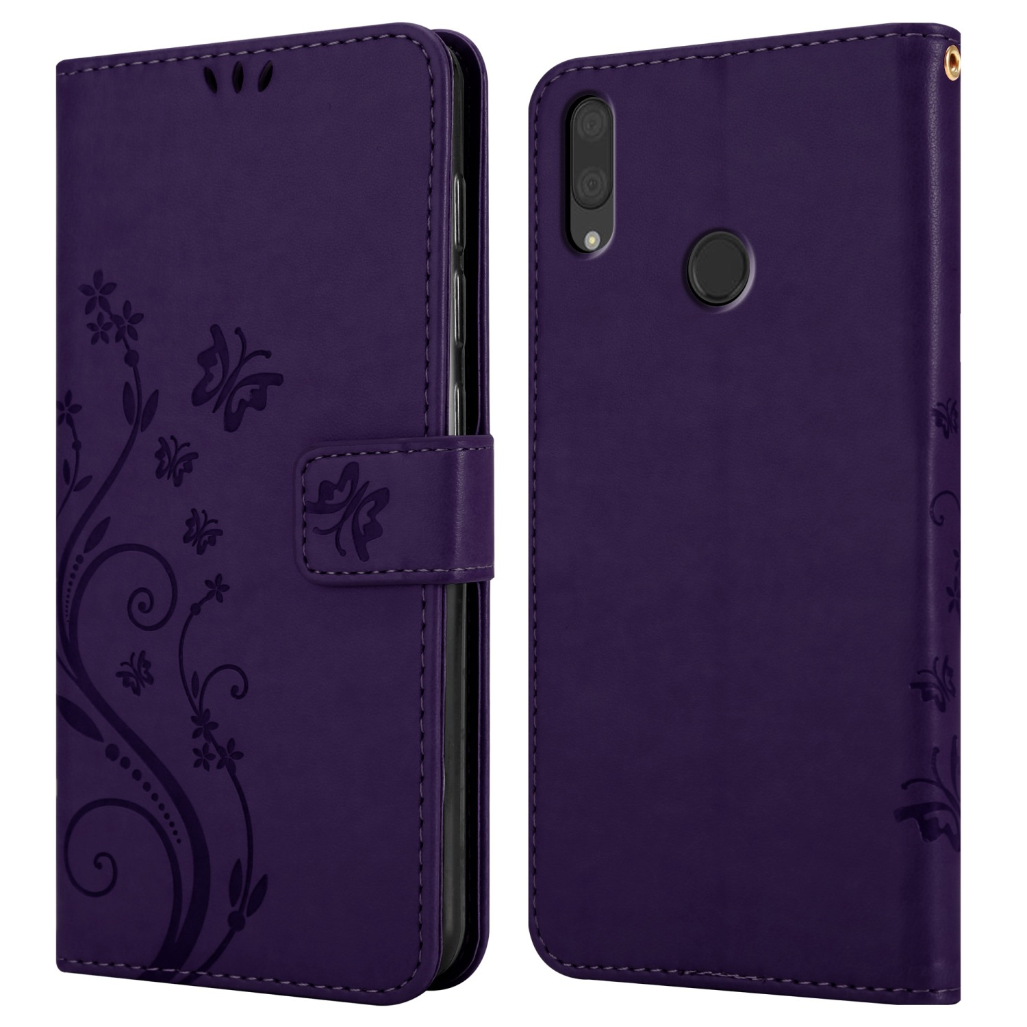 Lila Handyhülle, Vorder- und Rückansicht, mit Blumen- und Schmetterlingsdetails.