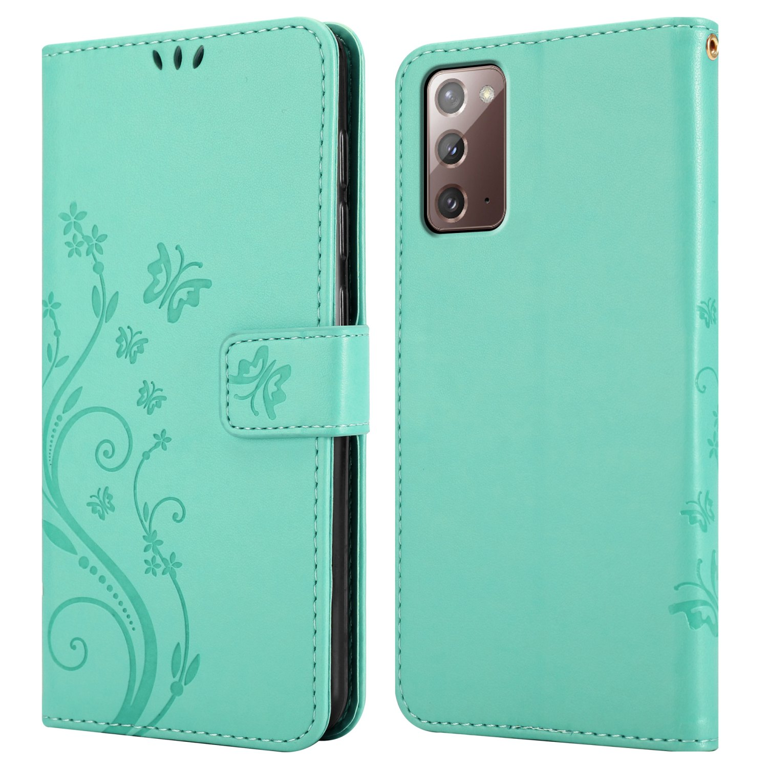 Una custodia per telefono in pelle verde acqua, aperta e chiusa. Design floreale e farfalle in rilievo.