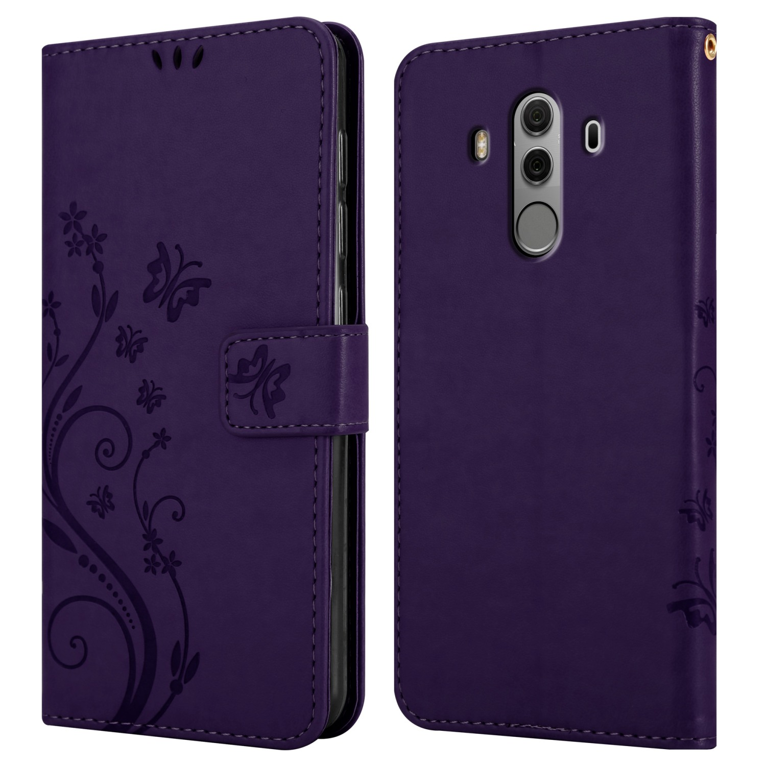 Lila Handyhülle, offen. Blumendesign links. Telefonkamera rechts sichtbar.