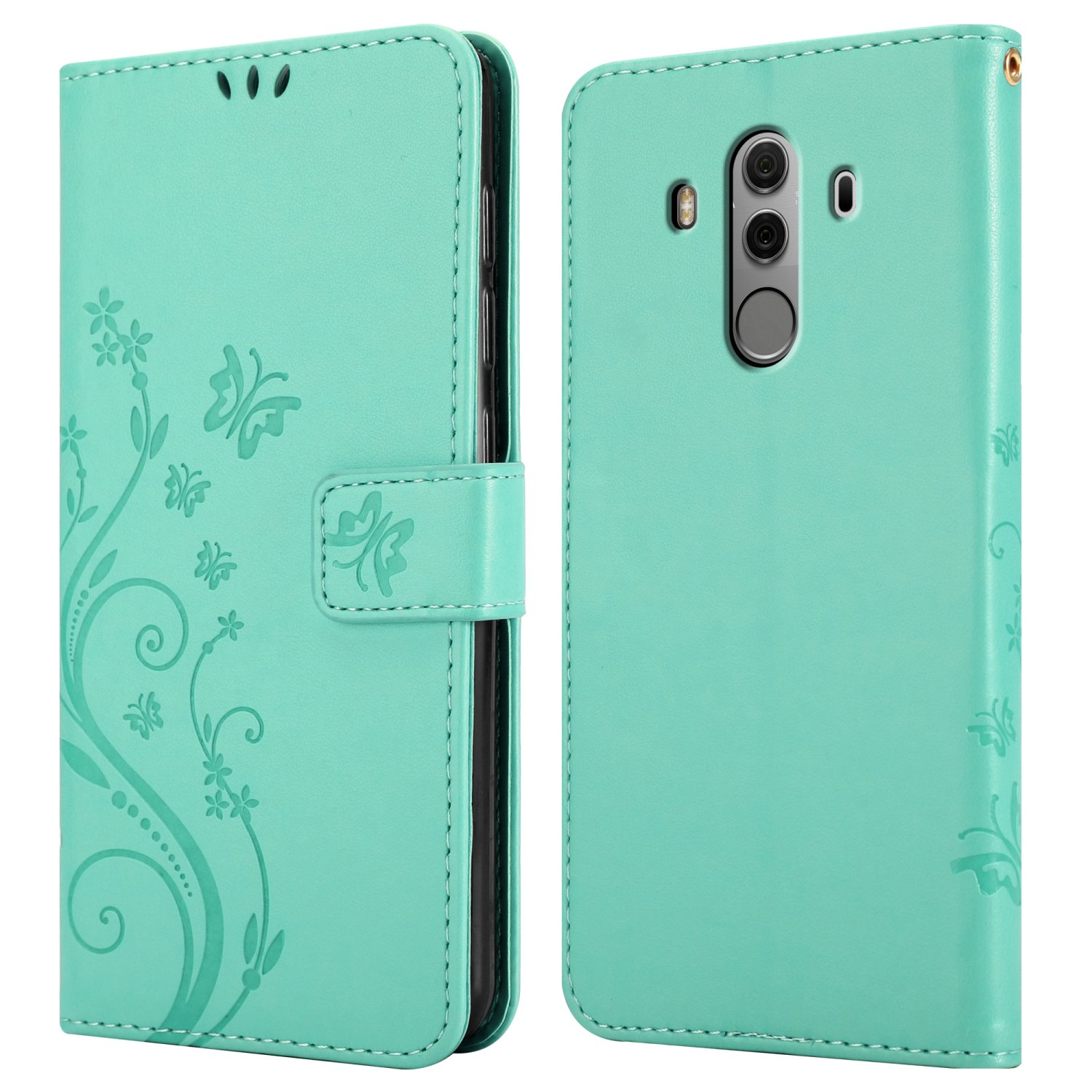 Teal-Leder-Handyhülle, offen und geschlossen. Zeigt ein Telefon mit Kamera. Geprägt mit Blumen- und Schmetterlingsdesign.