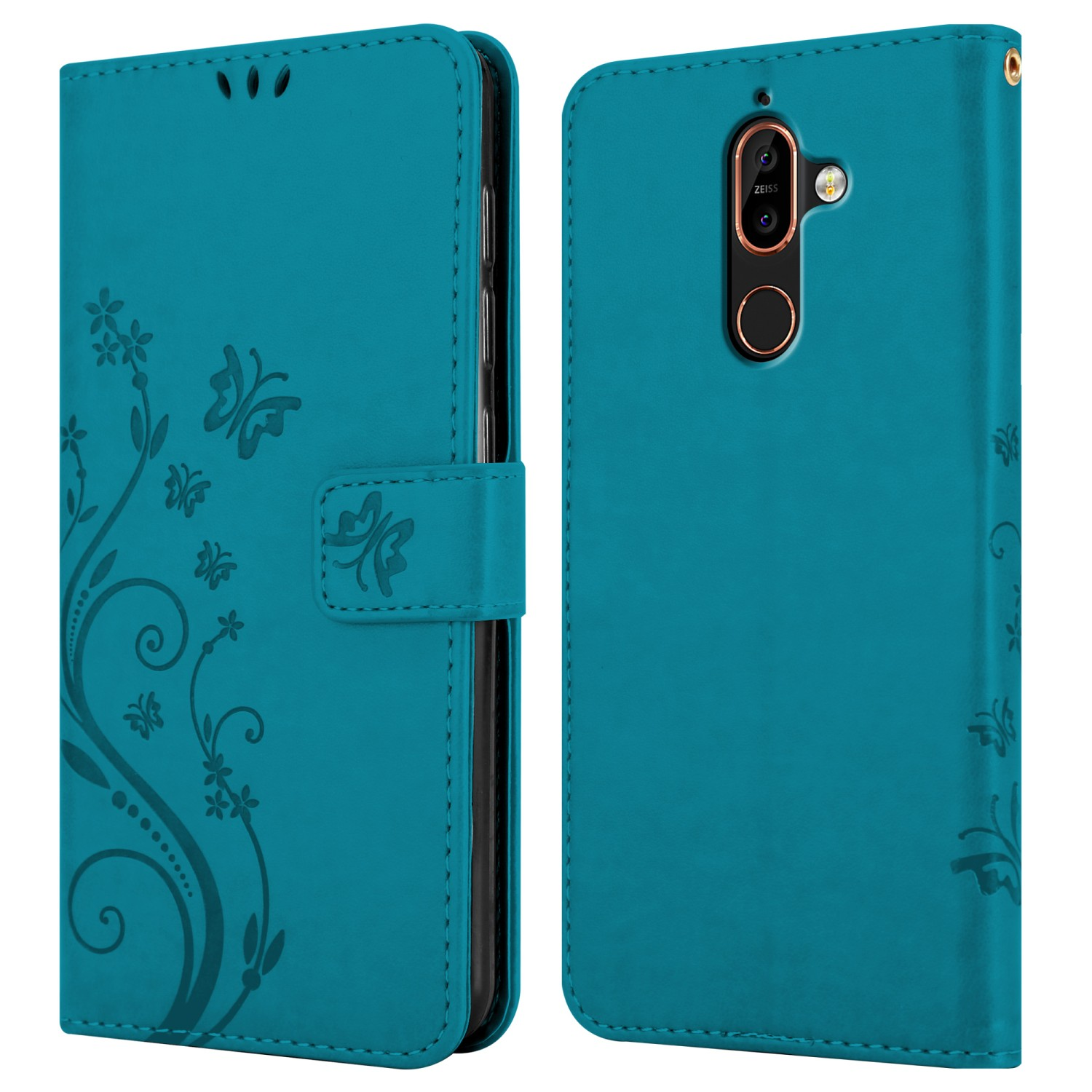 Custodia per telefono turchese, aperta, con design floreale e chiusura magnetica. Telefono visibile, in blu.