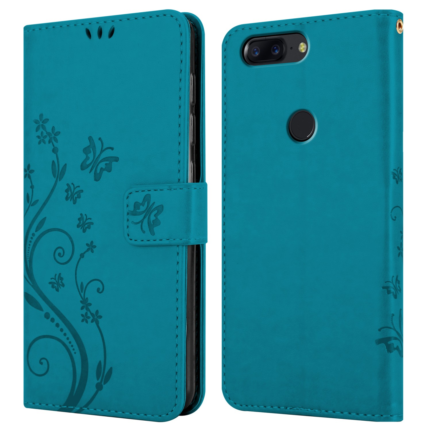 Custodia per telefono color verde acqua con design floreale e farfalle. Vista aperta e chiusa.