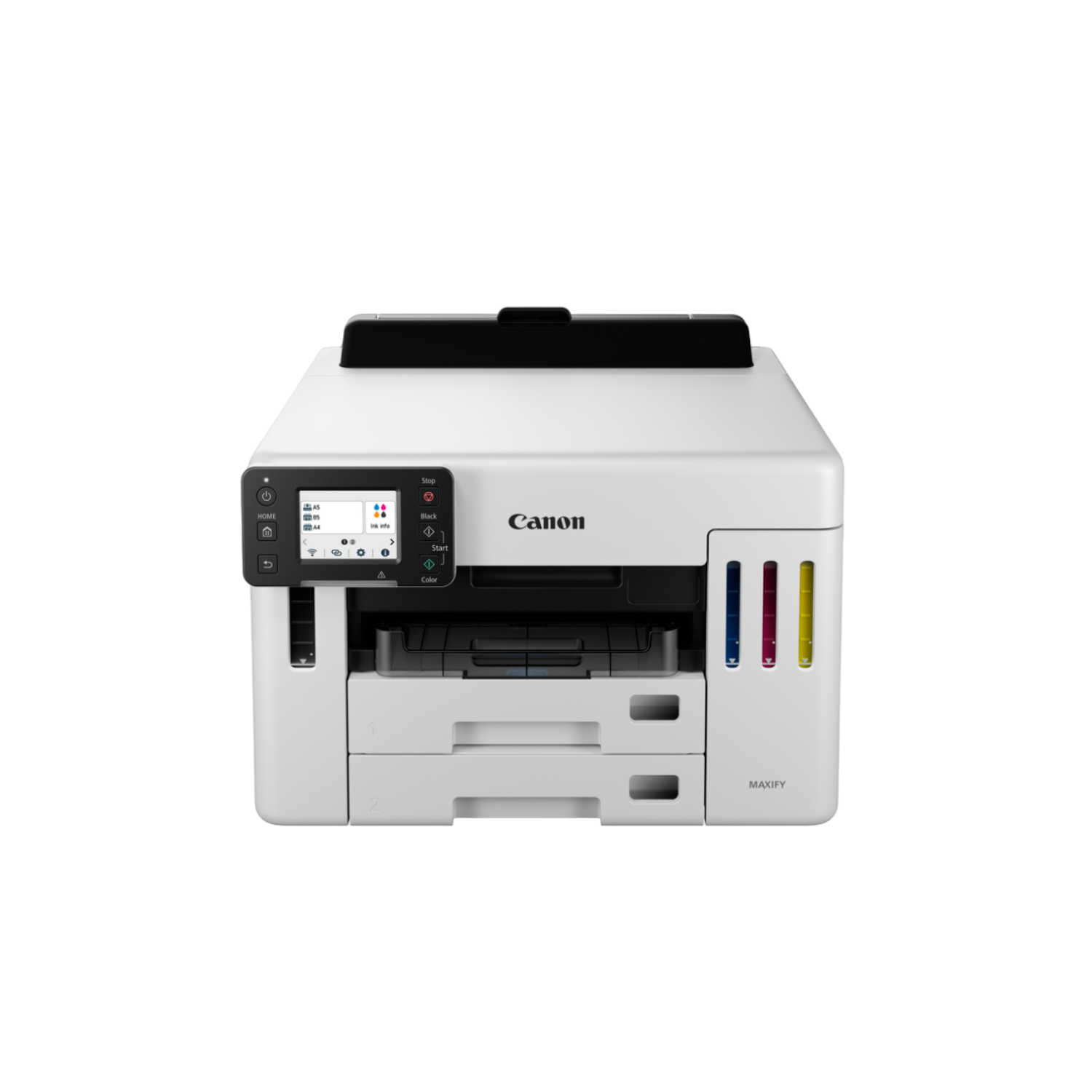 Biała drukarka Canon z widocznymi wkładami atramentowymi. Czarne tło. Widok z przodu.