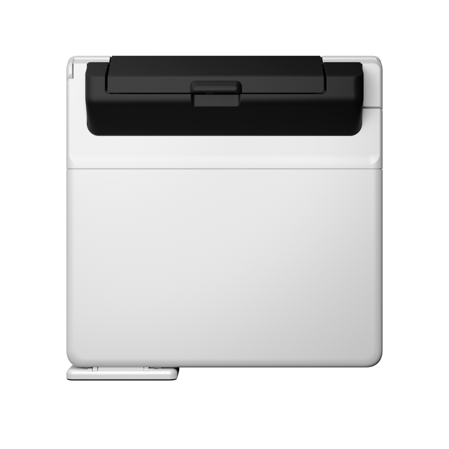 Biała drukarka z czarną górą, wyizolowana na białym tle. Taca na papier jest wysunięta.