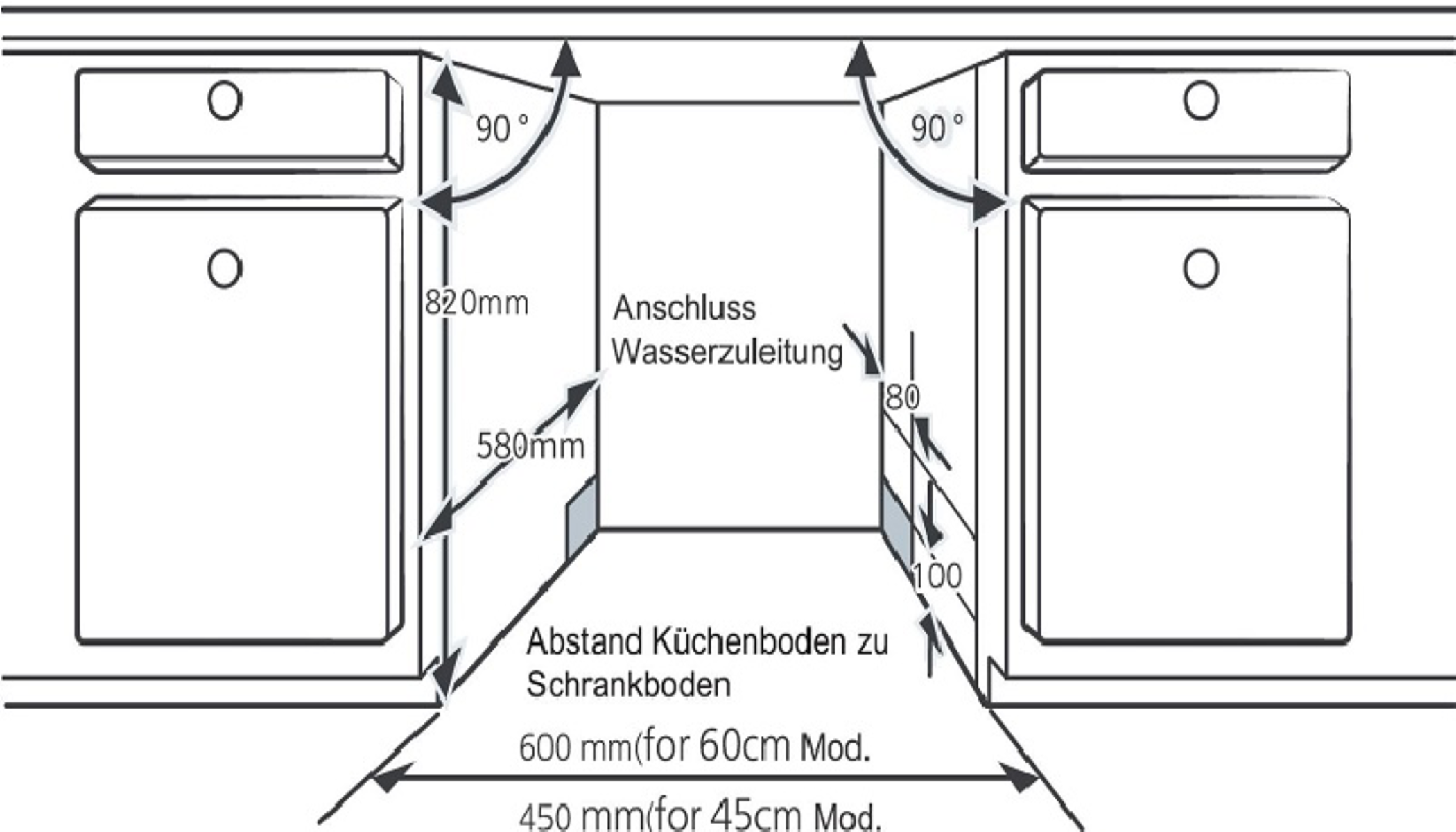 Diagramm eines Küchenspülbecken-Setups mit Maßen und Anschlüssen.