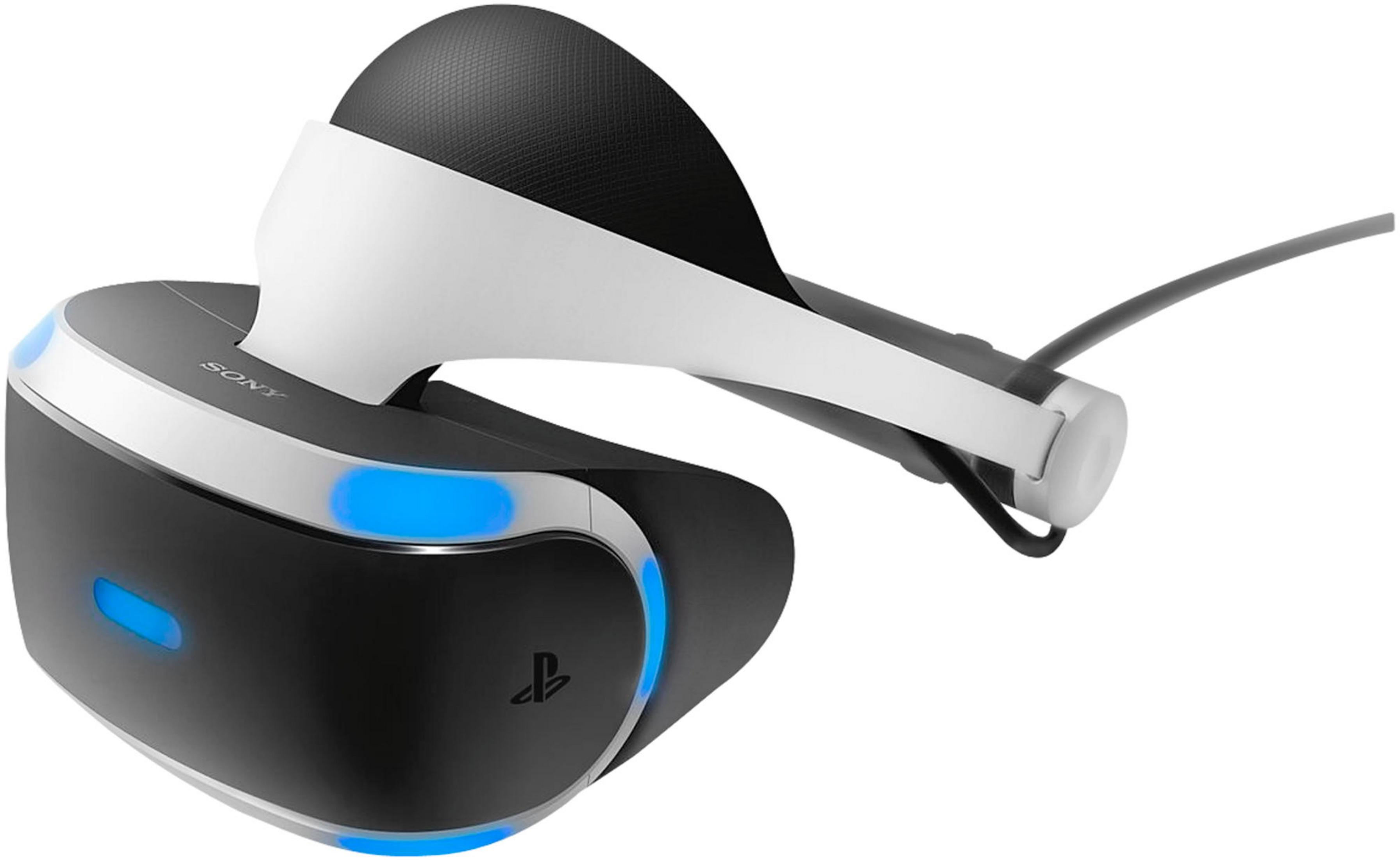 Schwarz-weißes VR-Headset mit blauen Lichtern. Sony-Logo. Weißer Hintergrund.