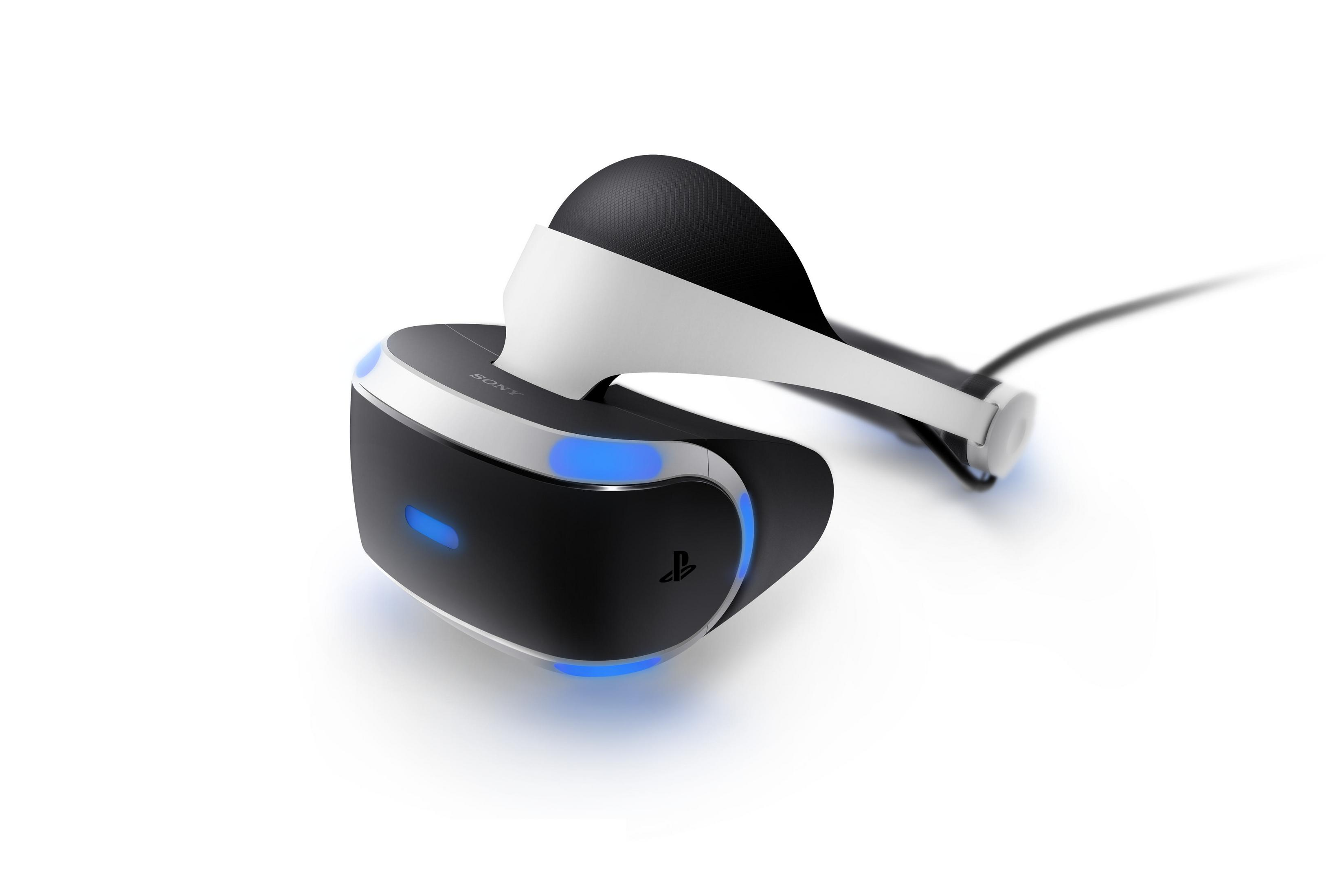 Ein schwarz-weißes PlayStation VR-Headset mit blauen Lichtern auf weißem Hintergrund.