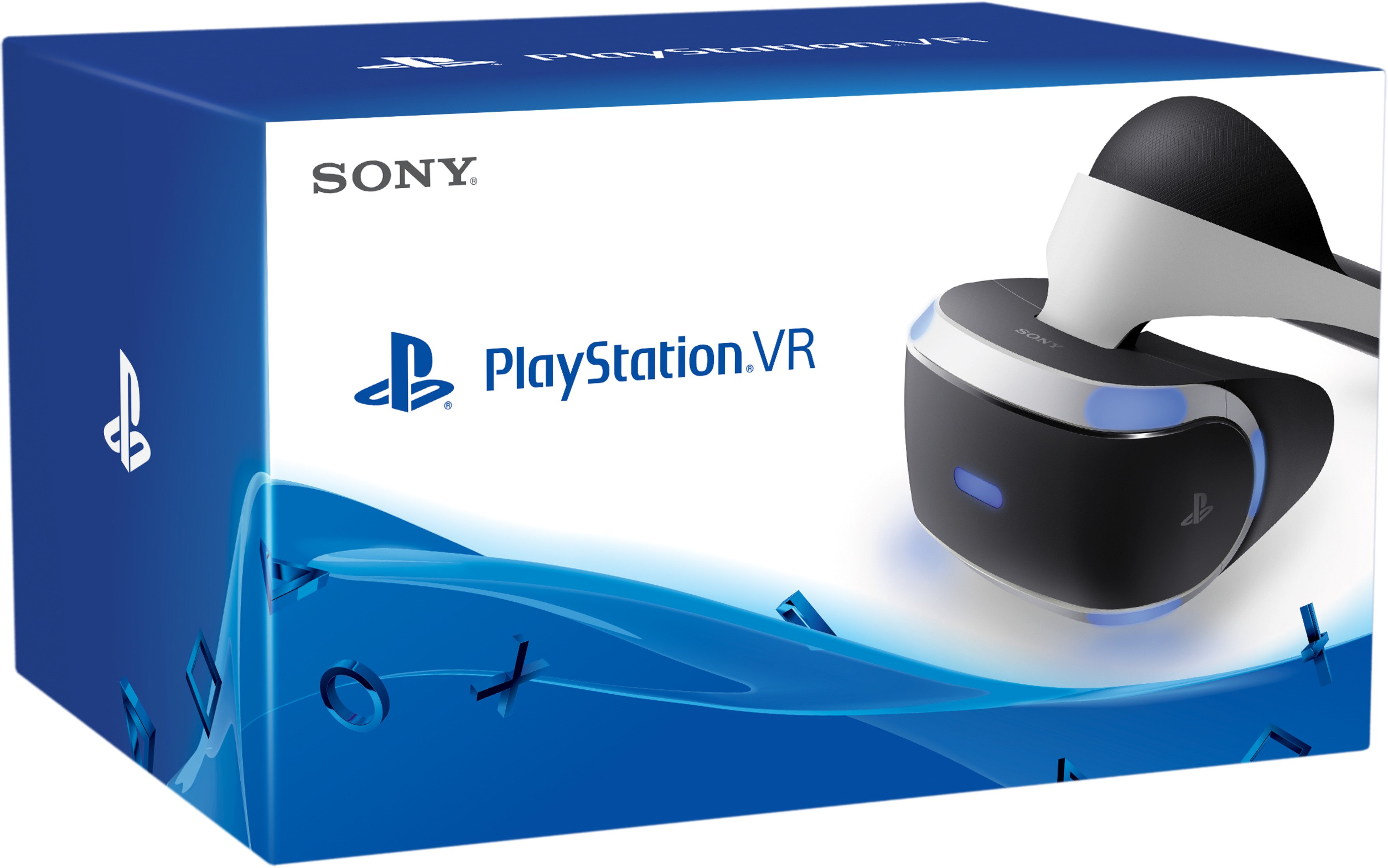 Eine blaue Box mit einem Playstation VR-Headset ist im Bild. Auf der Box steht Sony und Playstation VR.