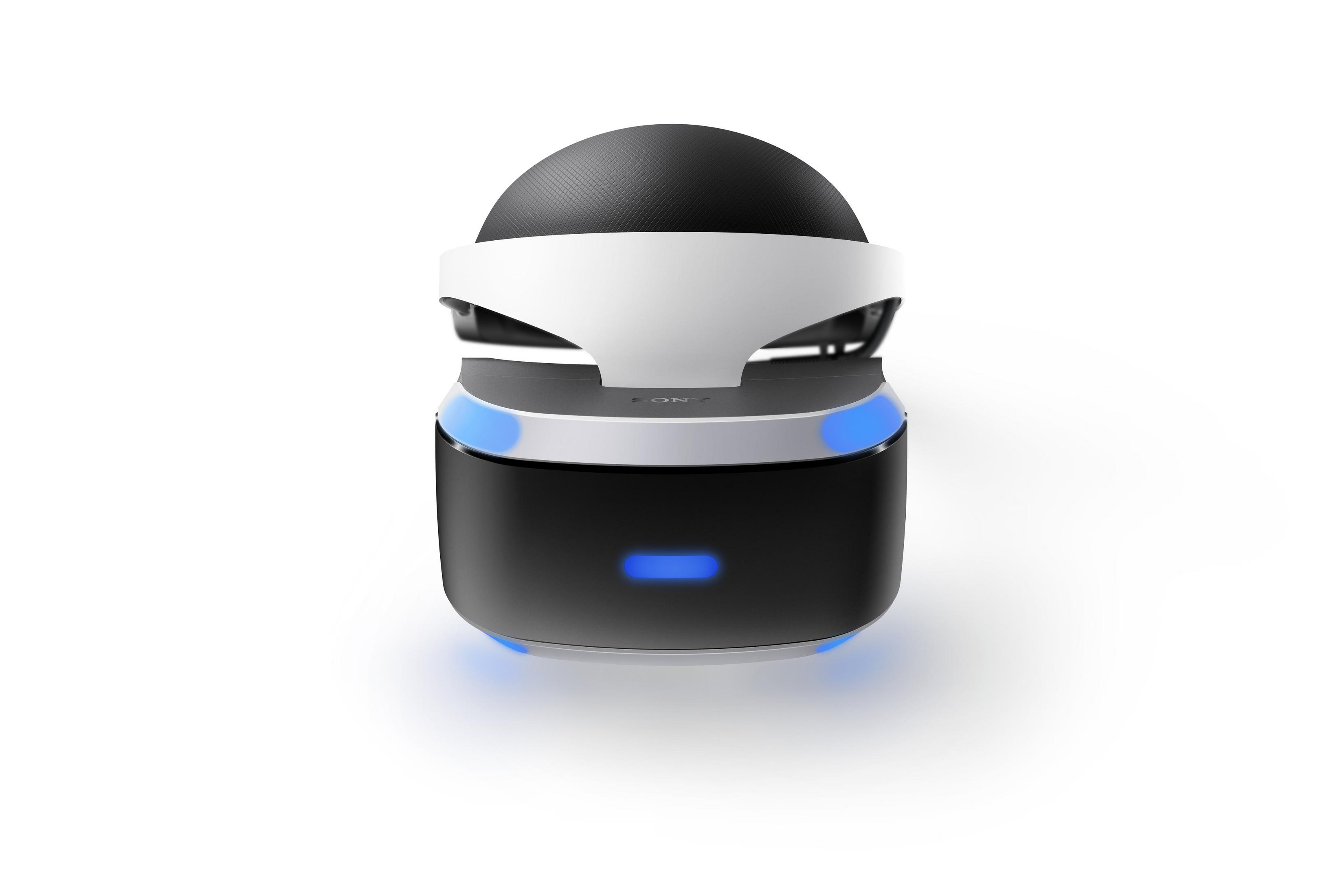 Ein VR-Headset, hauptsächlich weiß und schwarz, mit blauen Lichtern unten, vor weißem Hintergrund.