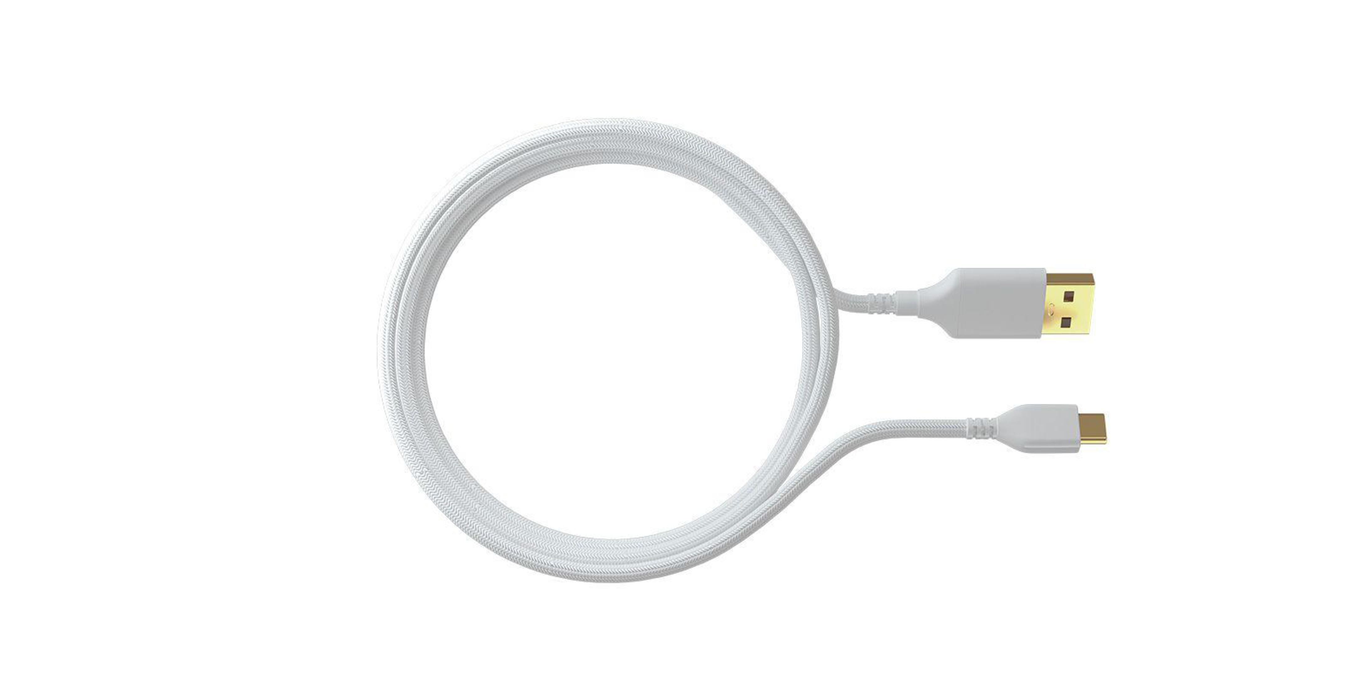 A white USB cable with gold connectors, coiled on a white background.