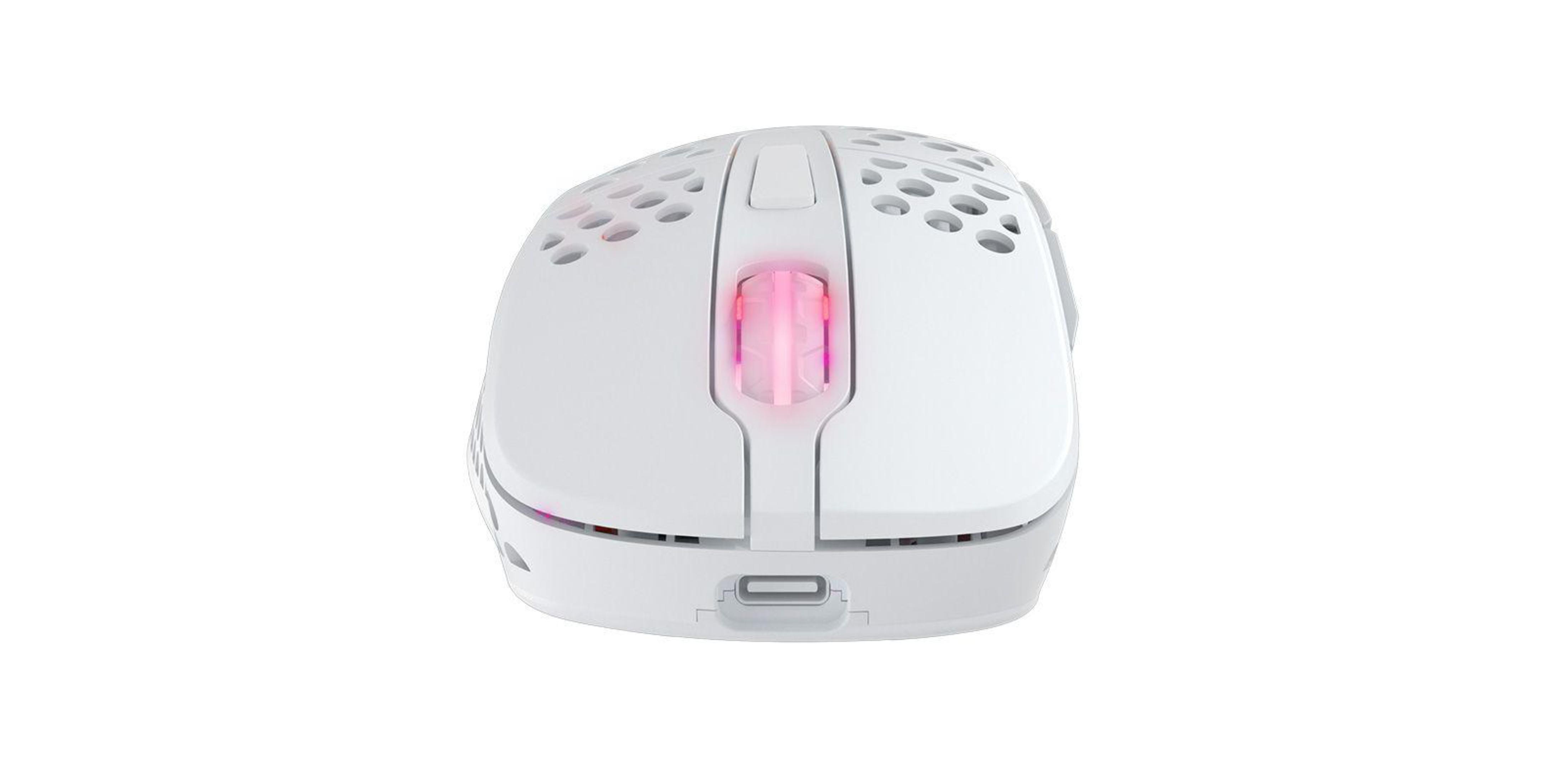 White gaming mouse with pink lighting and a charging port on a white background.