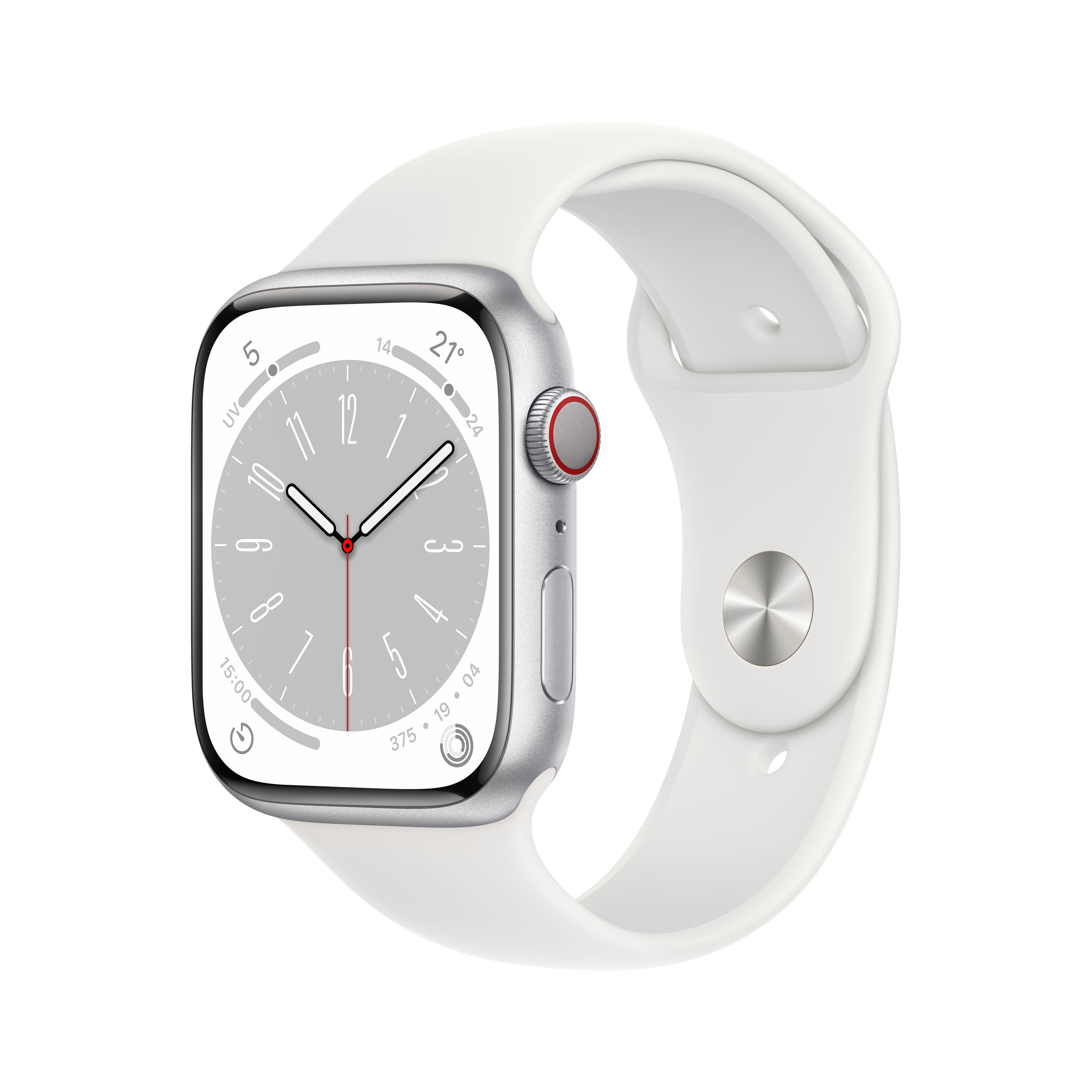 APPLE S8 GPS+CEL 45 SIL ALU W WHITE SPORT REG Smartwatch Aluminium Fluorelastomer, 140 - 220 mm, Armband: Weiß, Gehäuse: Silber