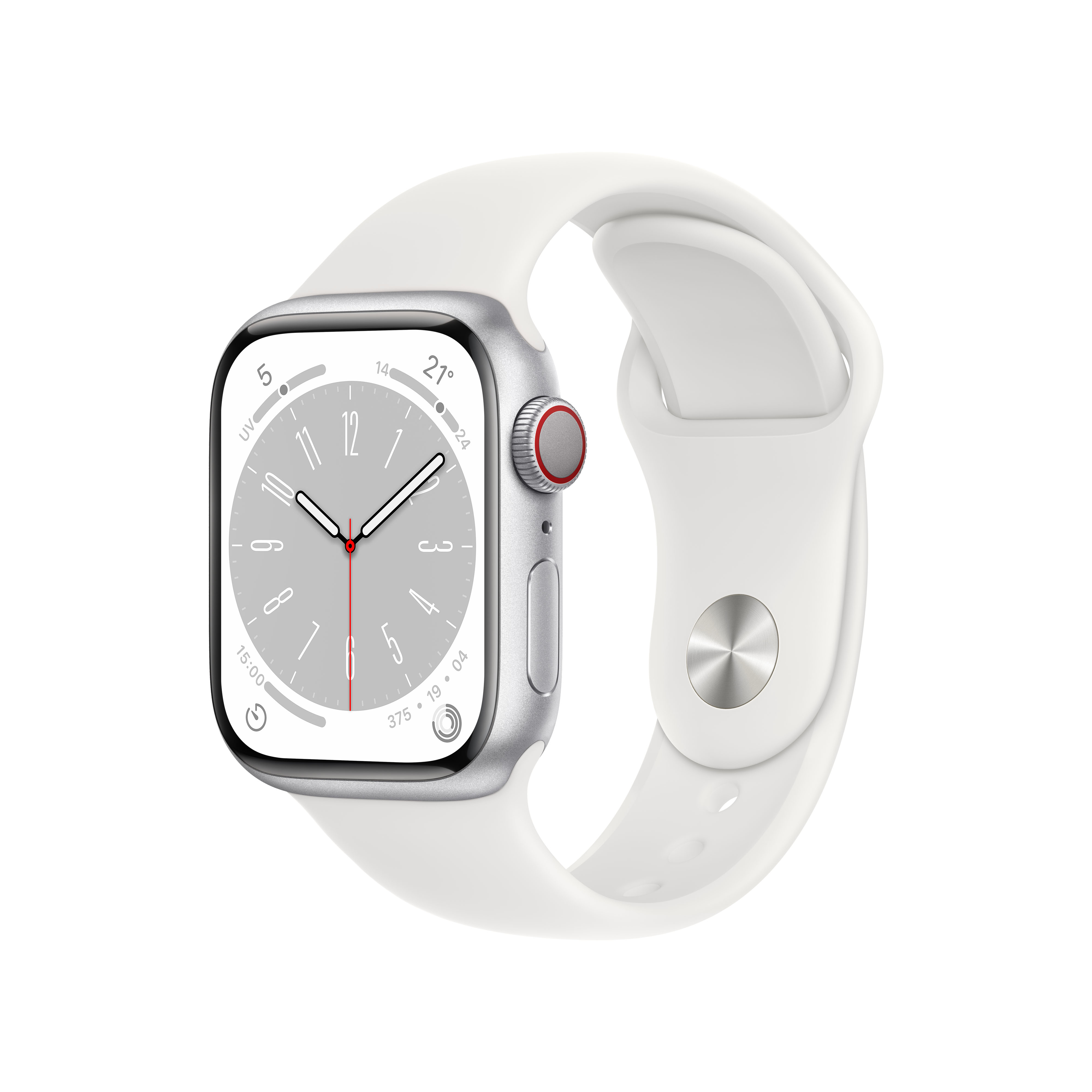 APPLE S8 GPS+CEL 41 SIL ALU W WHITE SPORT REG Smartwatch Aluminium Fluorelastomer, 130 - 200 mm, Armband: Weiß, Gehäuse: Silber