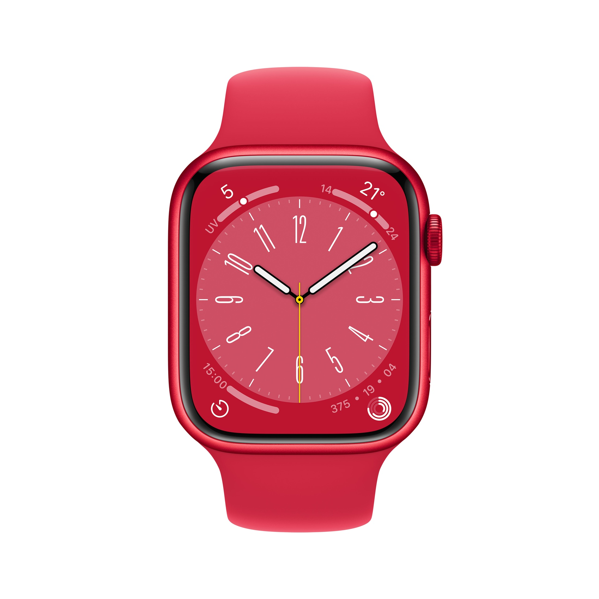 Un Apple Watch rojo con una correa roja. El reloj muestra la hora 12:00.