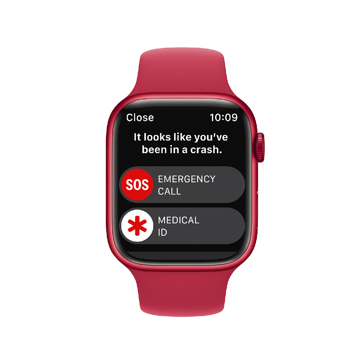 Reloj inteligente rojo que muestra una alerta de choque con opciones de llamada de emergencia e ID médica.
