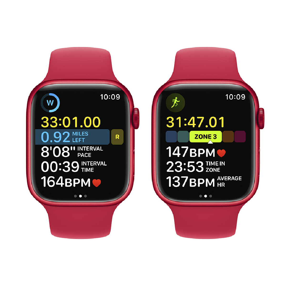 Dos smartwatches que muestran métricas de carrera como tiempo, frecuencia cardíaca y distancia.