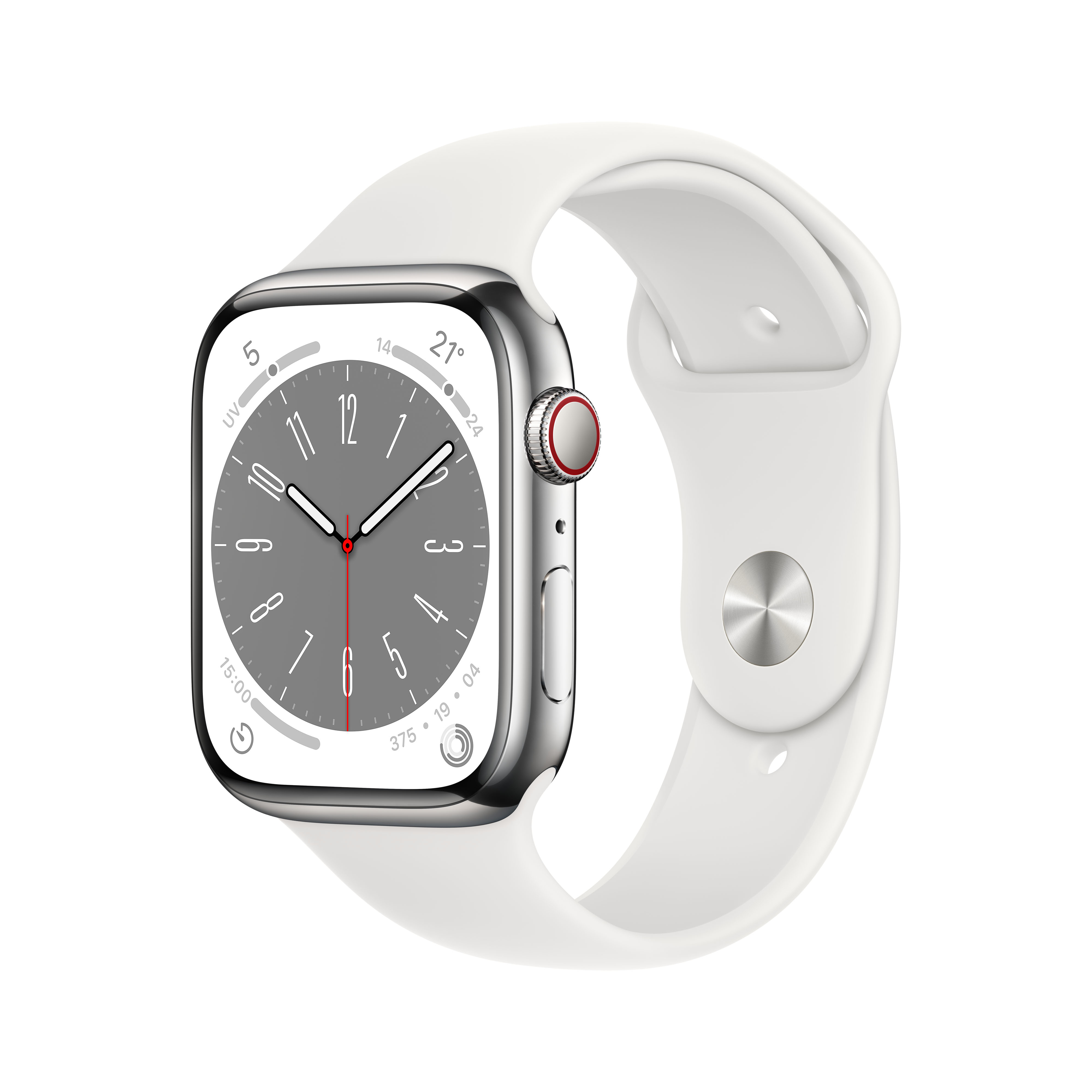 APPLE S8 GPS+CEL 45 SIL STAINL ST W WHITE SPORT REG Smartwatch Edelstahl Fluorelastomer, 140 - 220 mm, Armband: Weiß, Gehäuse: Silber