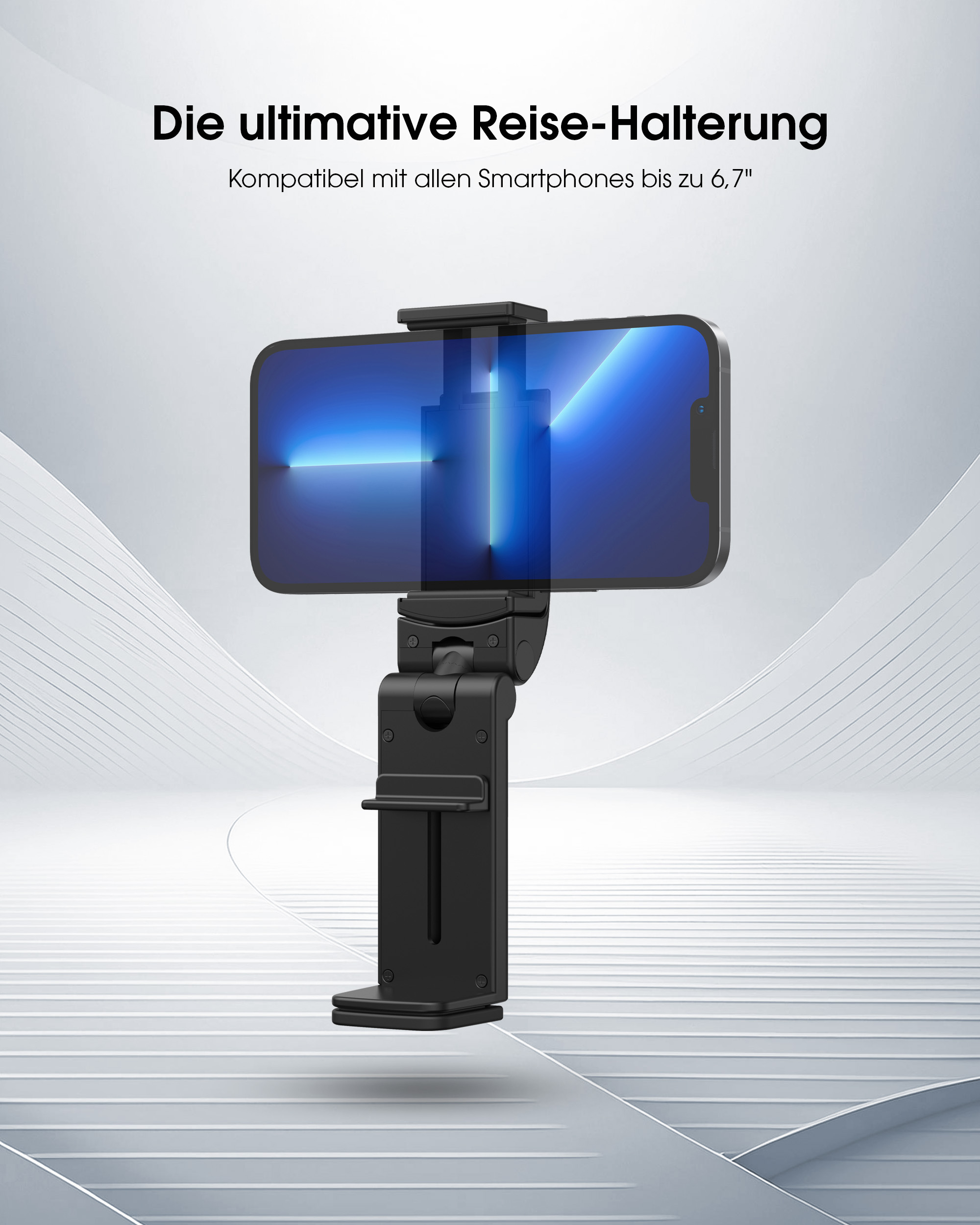 Schwarzer Telefonhalter mit Telefon, das einen blauen Bildschirm zeigt, auf weißem Grund.