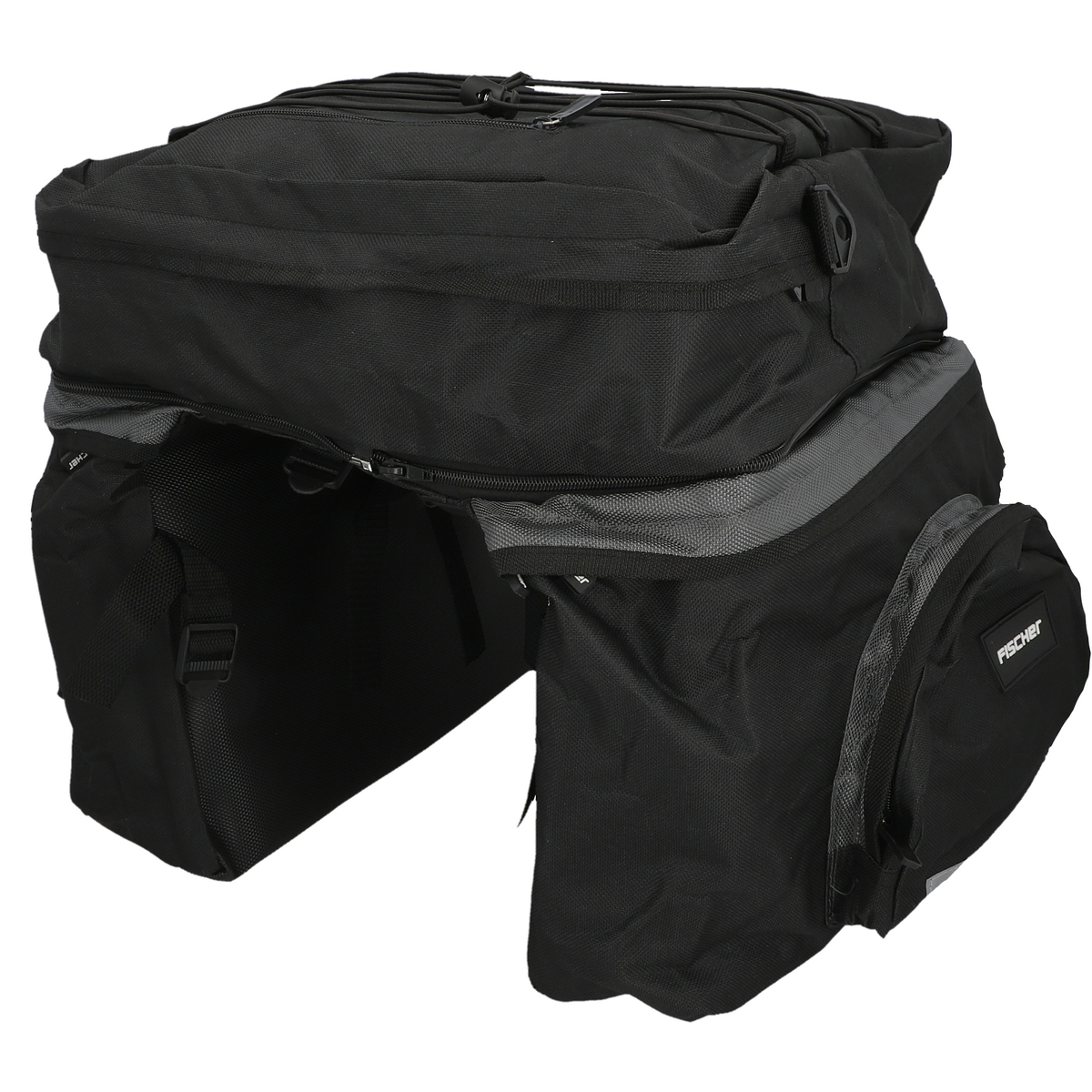 Una bolsa de bicicleta negra con múltiples compartimentos y una franja reflectante. Tiene la palabra "FISCHER".