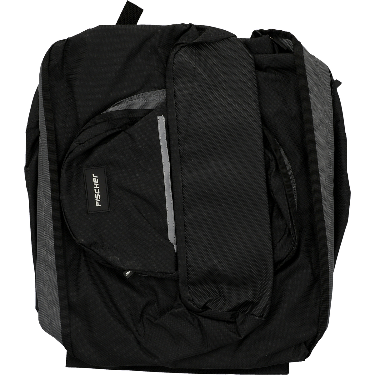 Mochila Fischer negra y gris, plegada y cerrada, con múltiples bolsillos y rayas reflectantes.