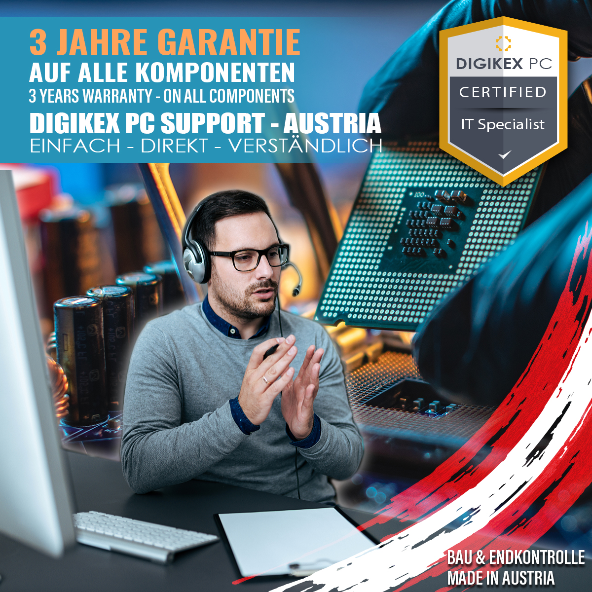 Mężczyzna z zestawem słuchawkowym mówi. Ekran komputera i płyta obwodu na biurku.