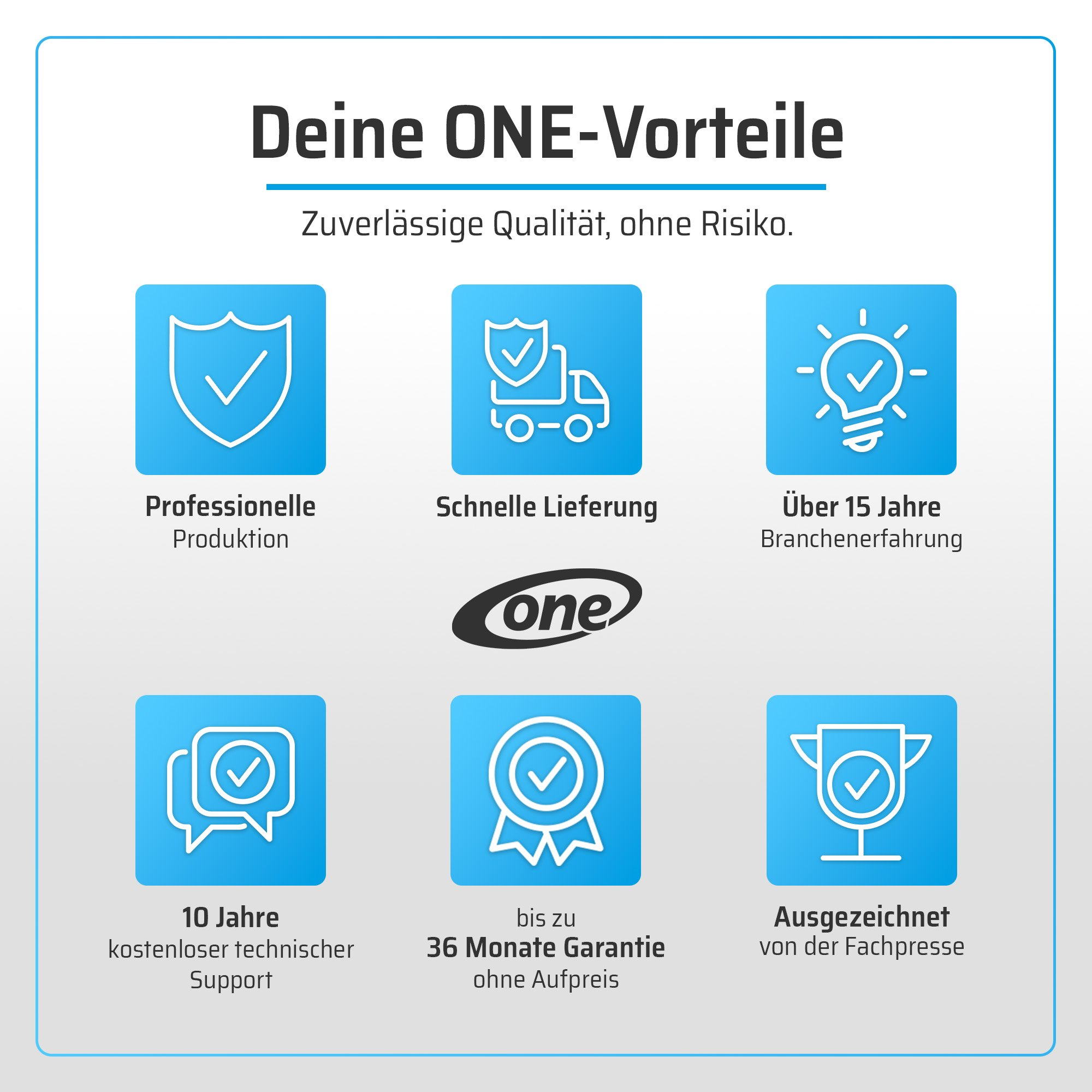 Icons zu Produktmerkmalen: zuverlässige Qualität, schnelle Lieferung und mehr.