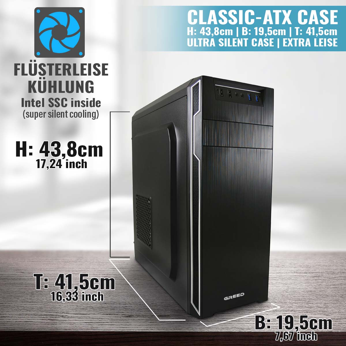 Czarna obudowa komputera z wymiarami oznaczonymi w calach i centymetrach. Tekst na obudowie.