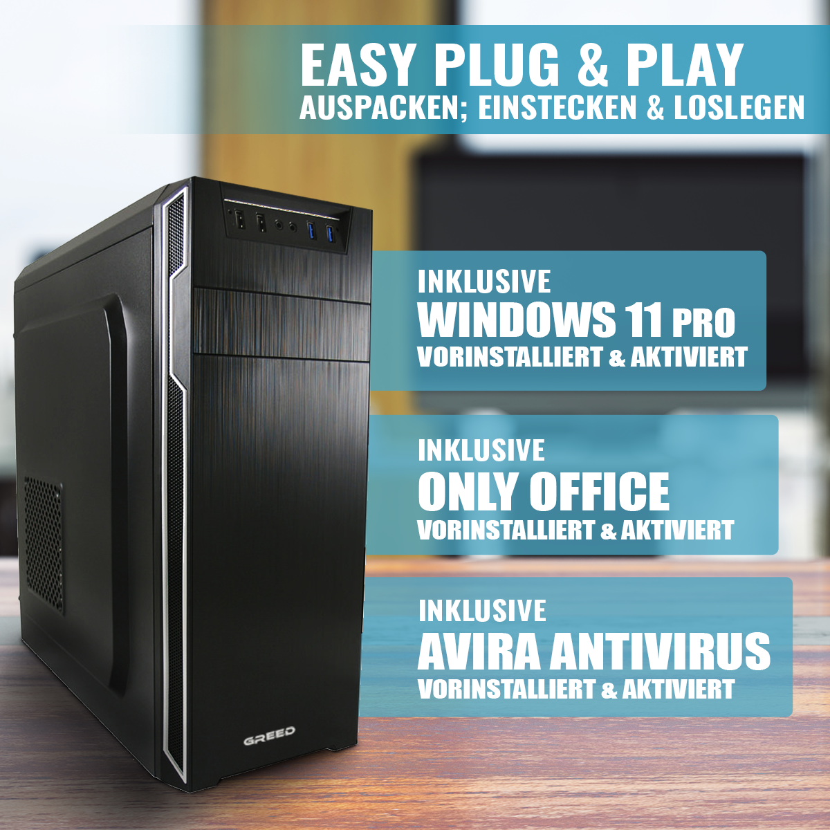 Czarna obudowa komputera z tekstem. Wymienia Windows 11 Pro, Only Office i Avira Antivirus.