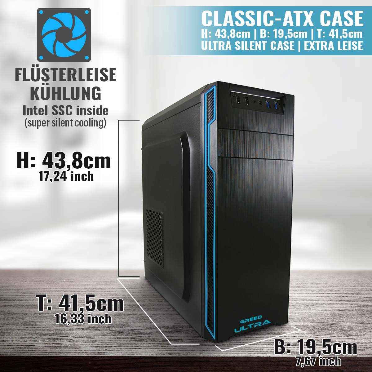 Czarna obudowa komputera z niebieskimi akcentami. Szczegóły tekstowe wymiarów. Obudowa ma logo 'Greed Ultra'.