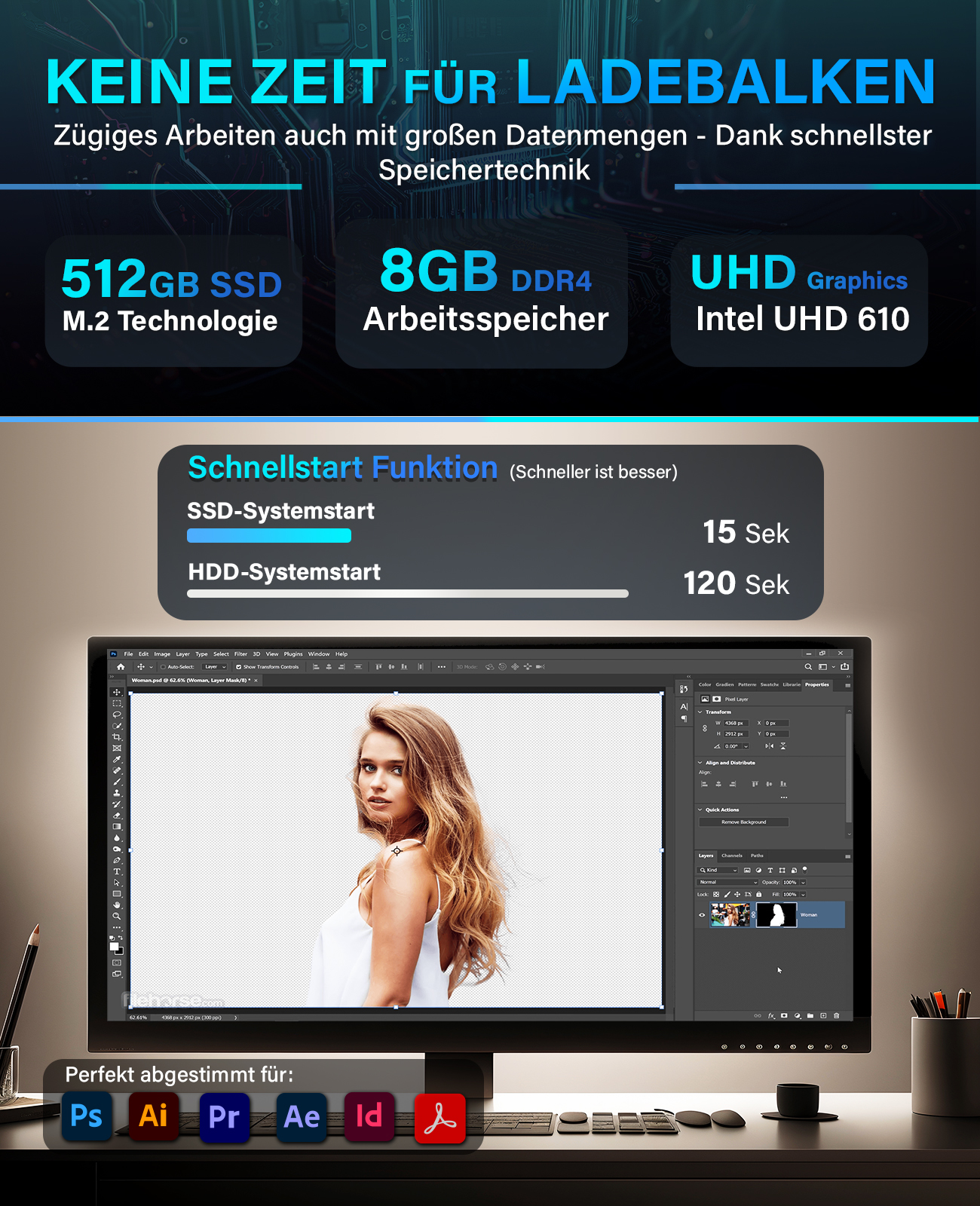 Ekran komputera wyświetla kobietę i oprogramowanie do edycji. Ekran zawiera tekst i specyfikacje dotyczące komponentów.