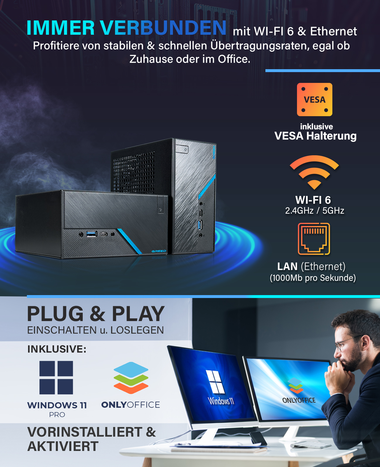 Konfiguracja komputera stacjonarnego z dwoma monitorami. Ekrany pokazują okna, a osoba na nie patrzy.