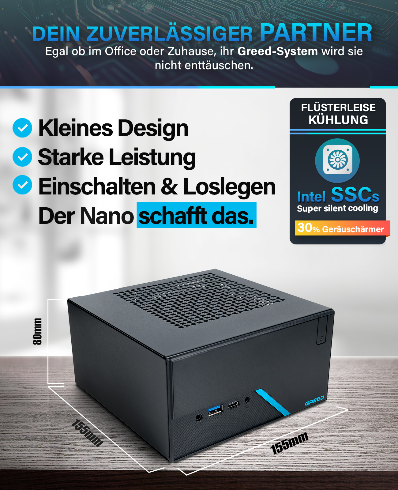 Czarny mini PC z niebieskimi akcentami, wymiary i tekst na drewnianej powierzchni.