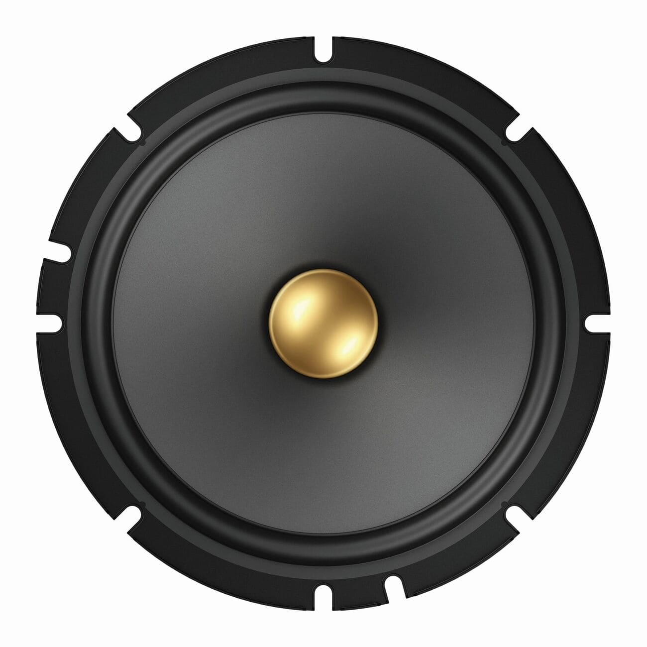 Haut-parleur noir avec cône noir et centre doré sur fond blanc, forme circulaire.